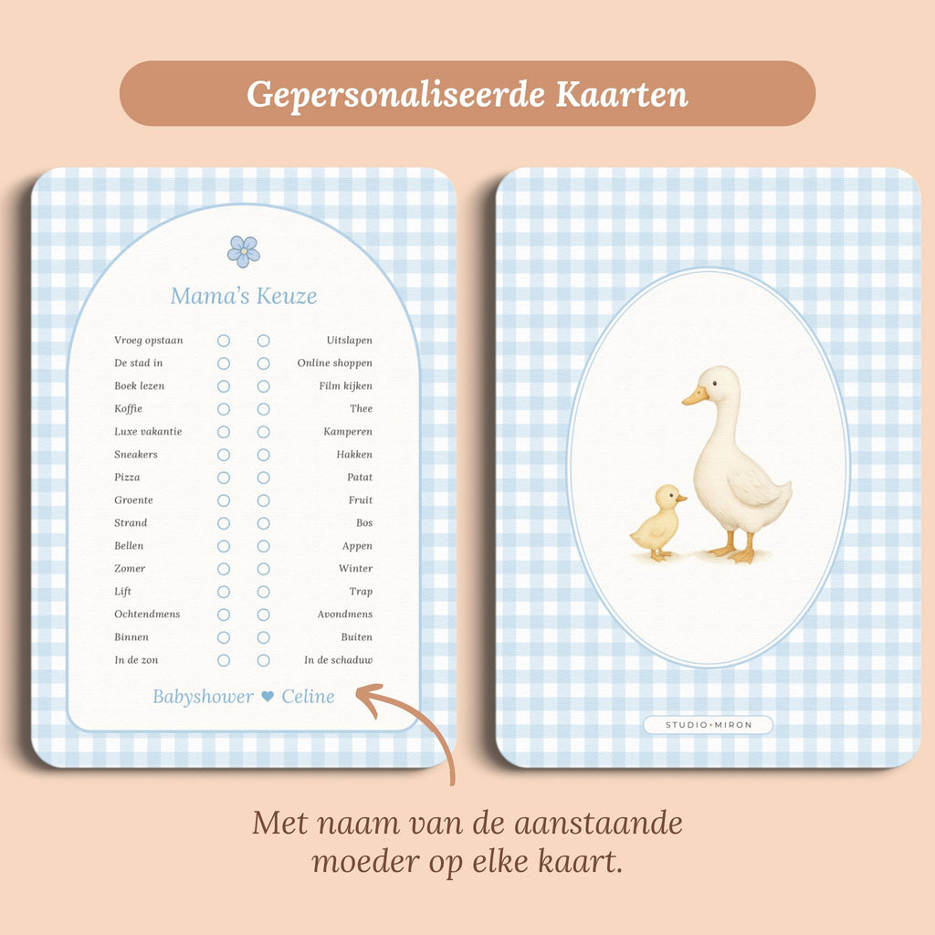 Babyshower spelletjes mamas keuze gingham blauw gepersonaliseerd voor en achter Studio Miron