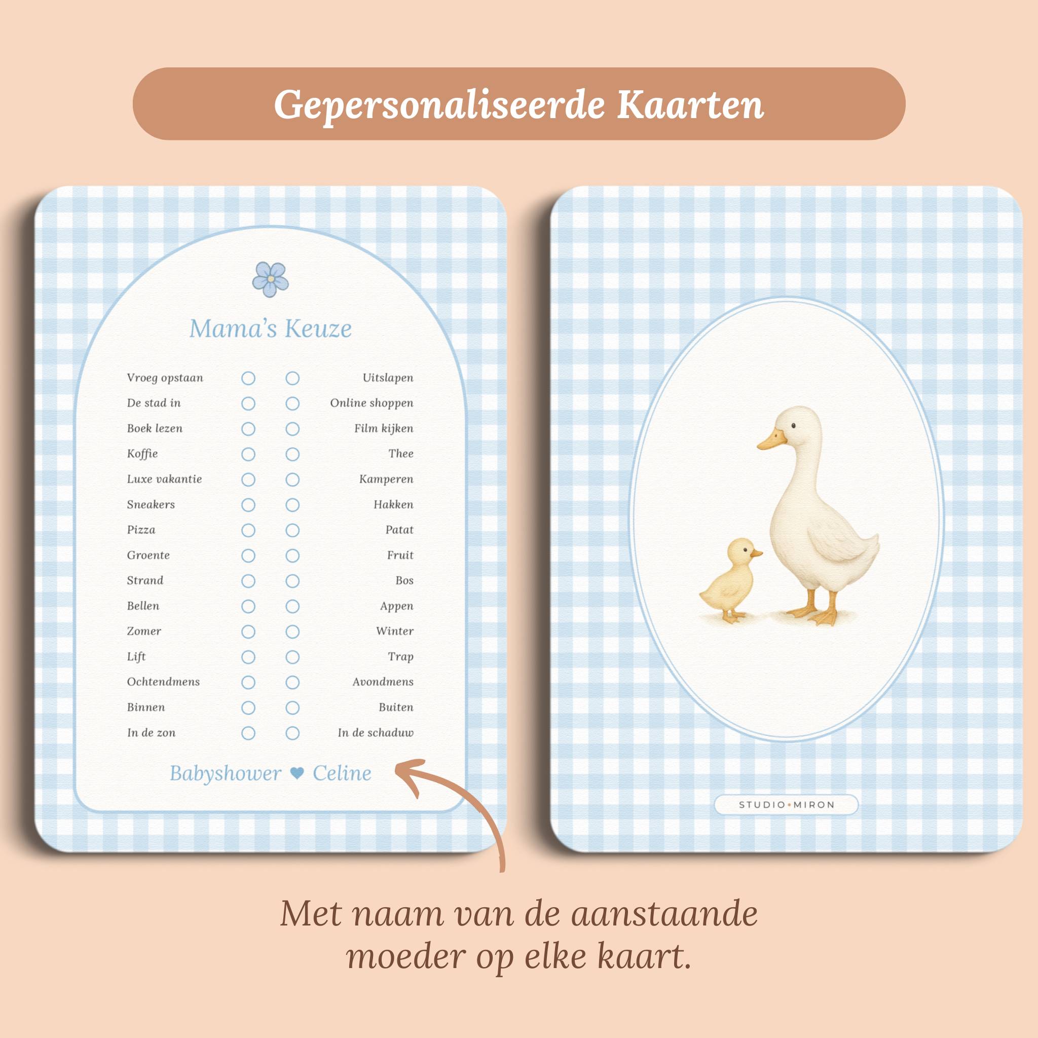 Babyshower spelletjes mamas keuze gingham blauw gepersonaliseerd voor en achter Studio Miron
