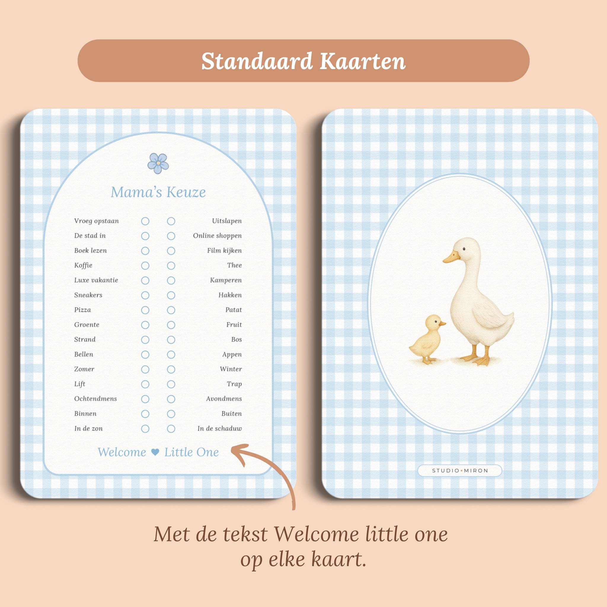 Babyshower spelletjes mamas keuze gingham blauw standaard voor en achter Studio Miron