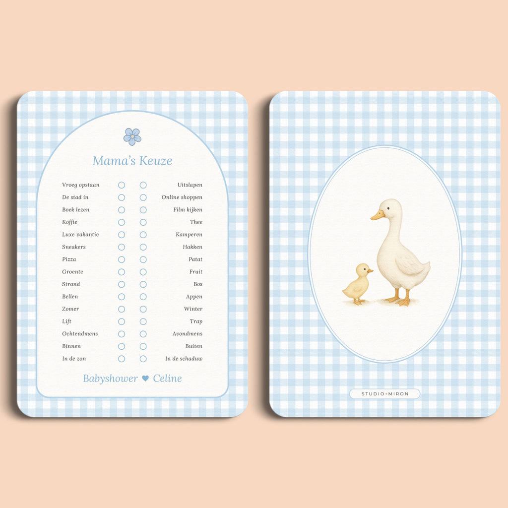 Babyshower spelletjes mamas keuze gingham blauw voor en achter Studio Miron