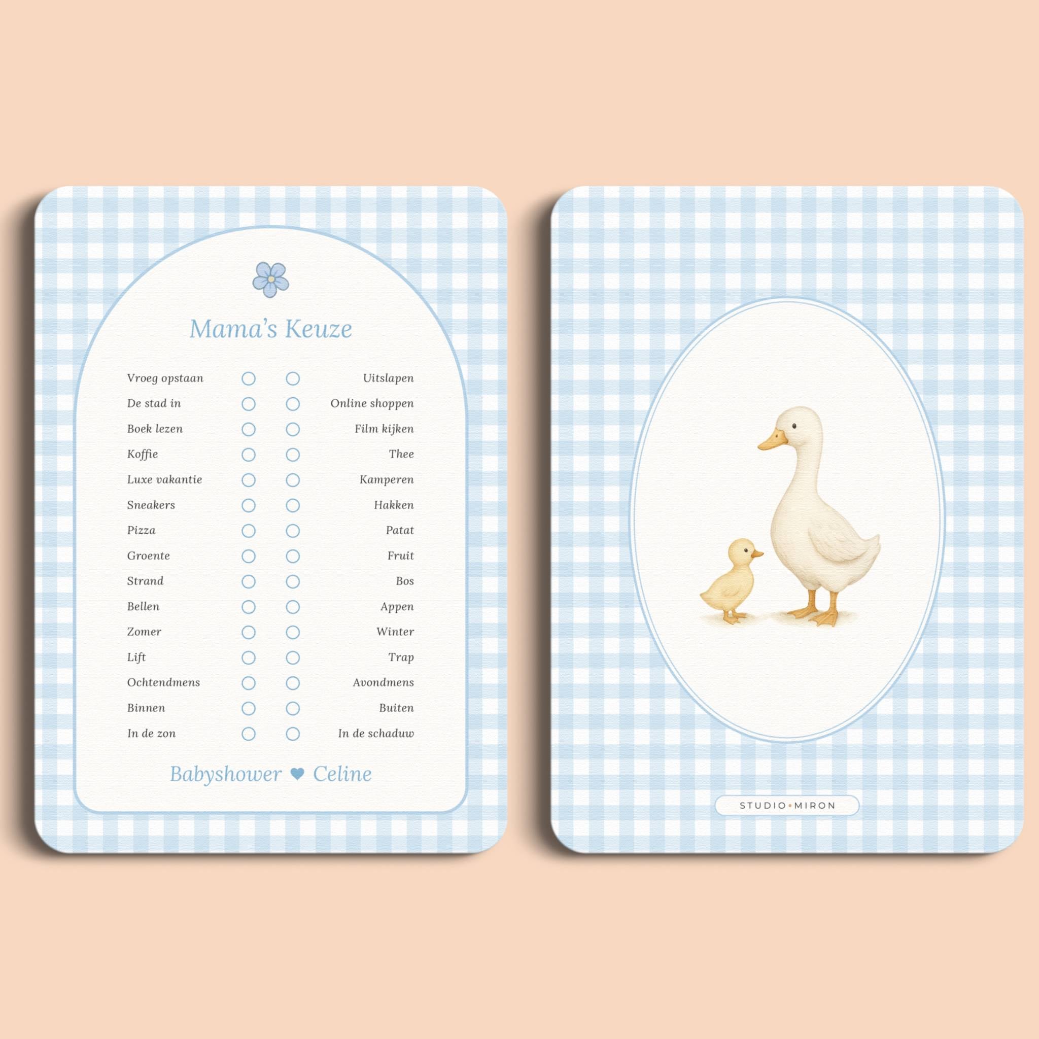 Babyshower spelletjes mamas keuze gingham blauw voor en achter Studio Miron