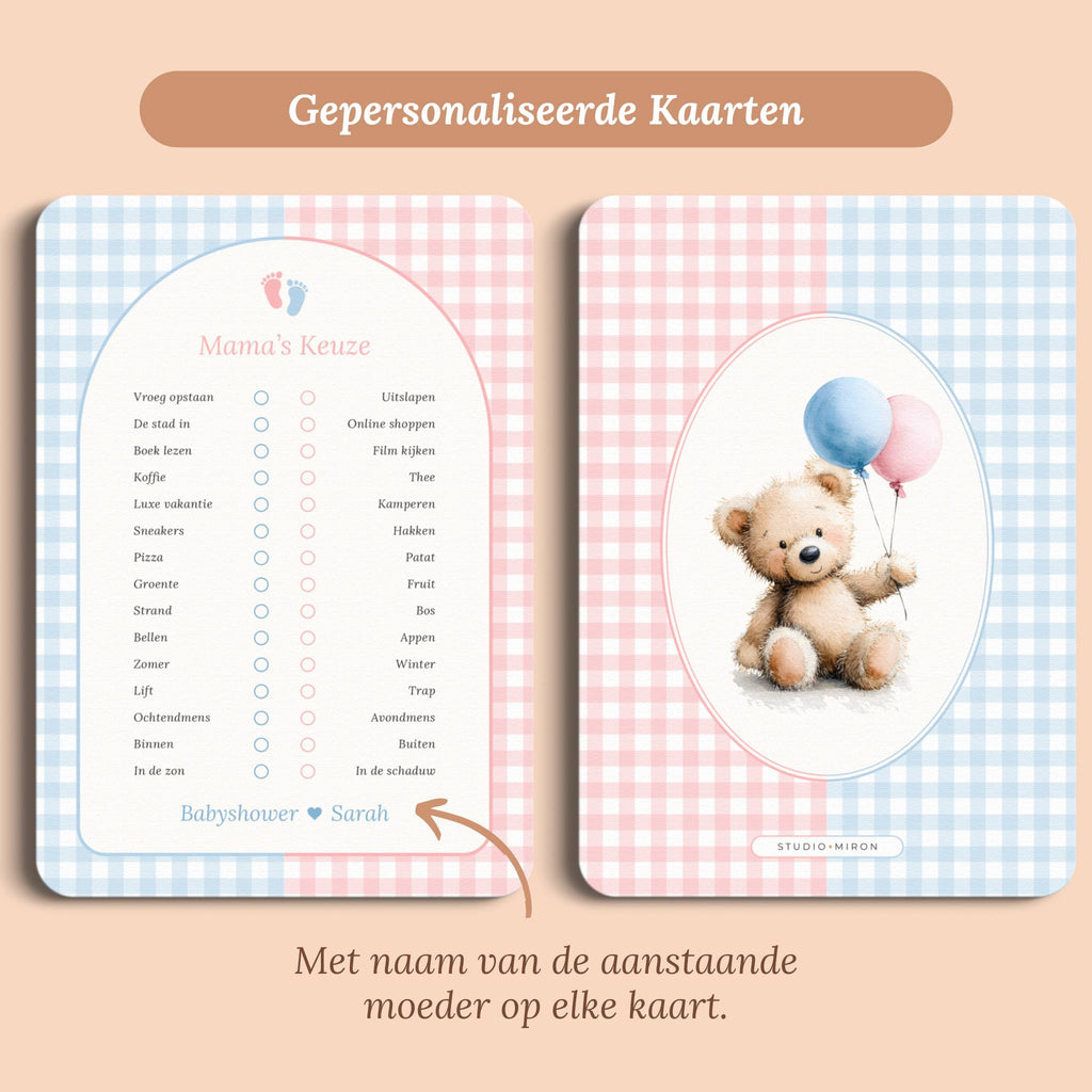Babyshower spelletjes mamas keuze gingham roze blauw gepersonaliseerd voor en achter Studio Miron