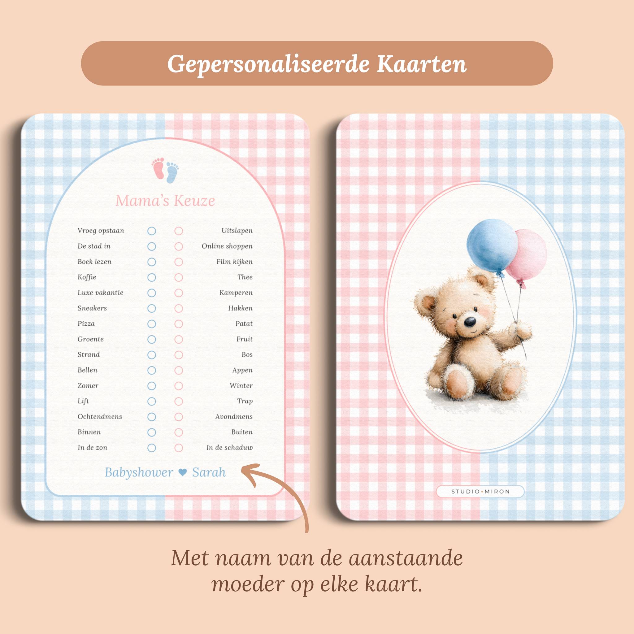 Babyshower spelletjes mamas keuze gingham roze blauw gepersonaliseerd voor en achter Studio Miron