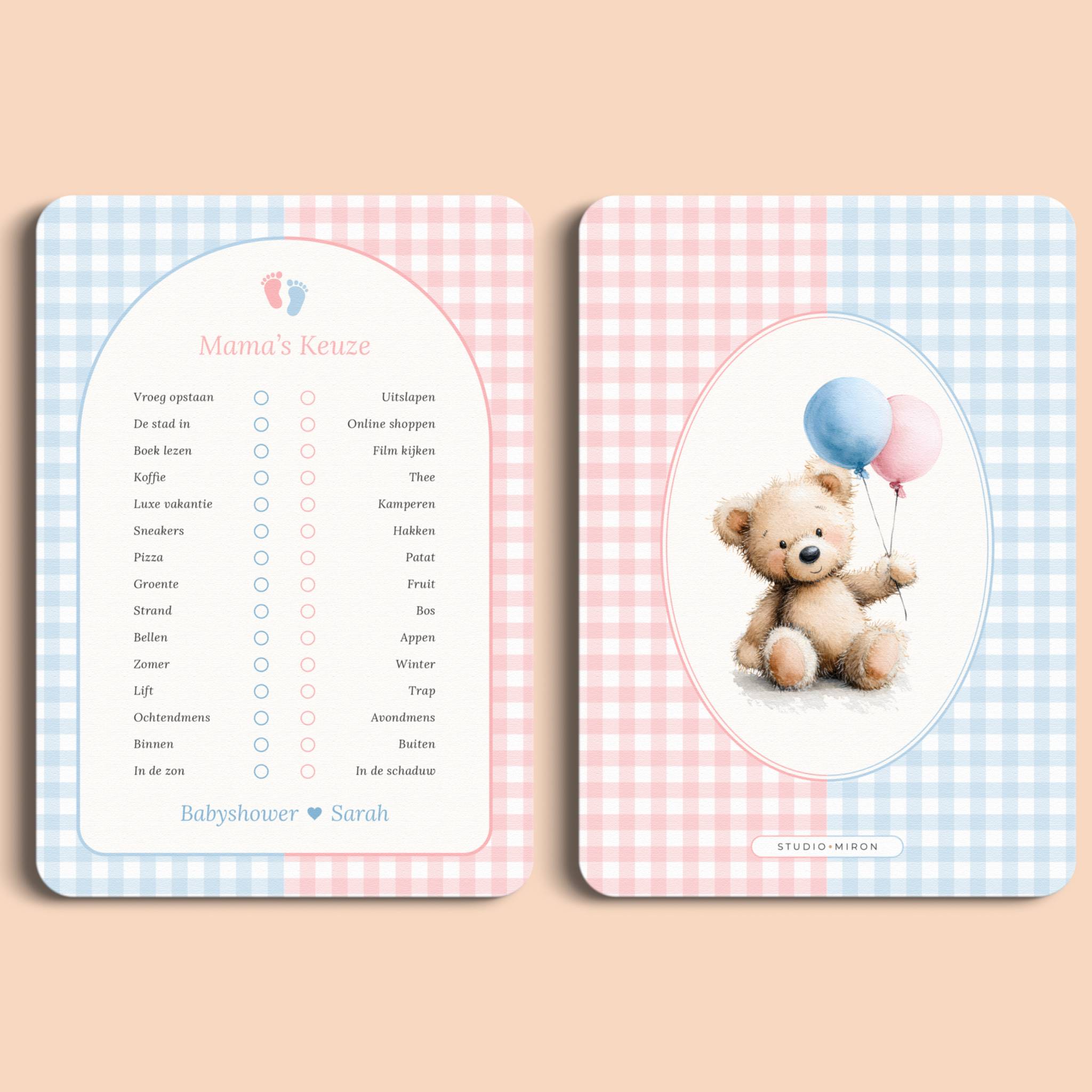 Babyshower spelletjes mamas keuze gingham roze blauw voor en achter Studio Miron