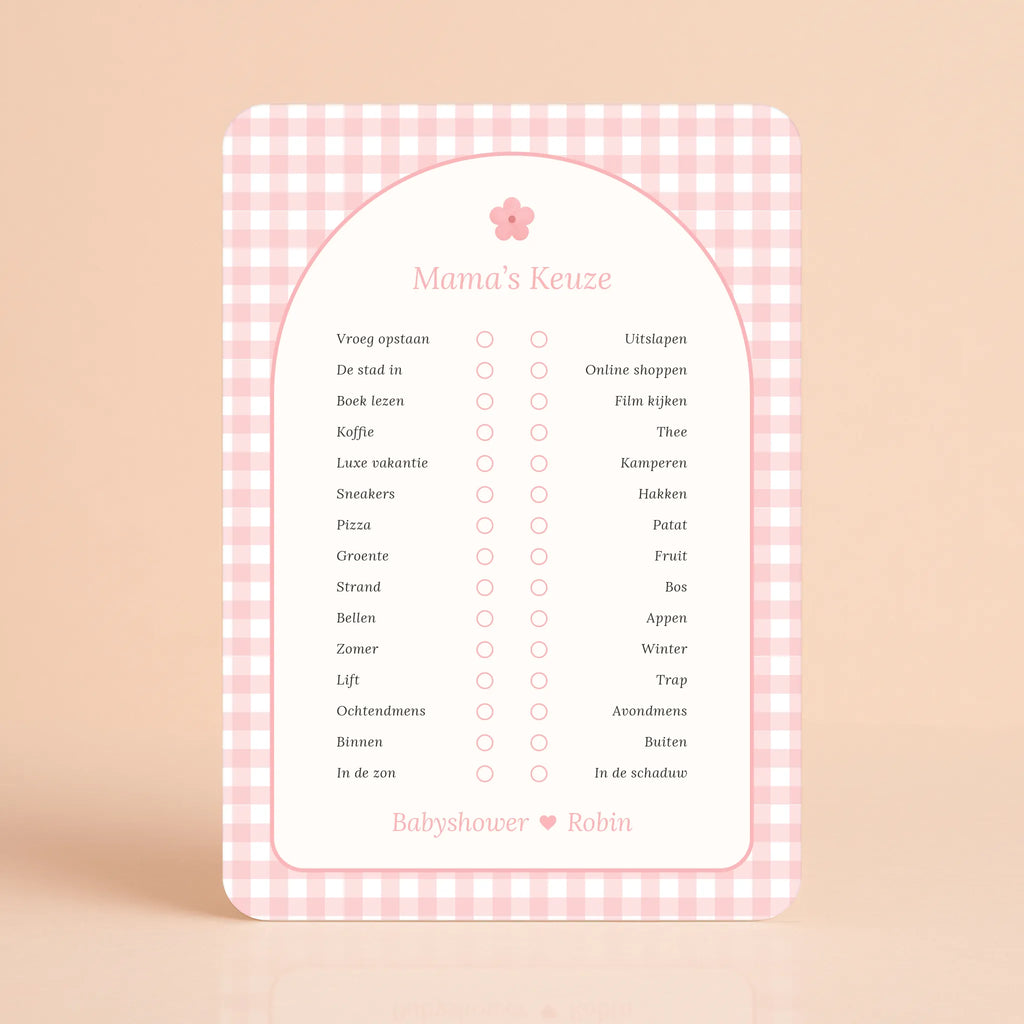 Babyshower spelletjes mamas keuze gingham roze gepersonaliseerd Studio Miron