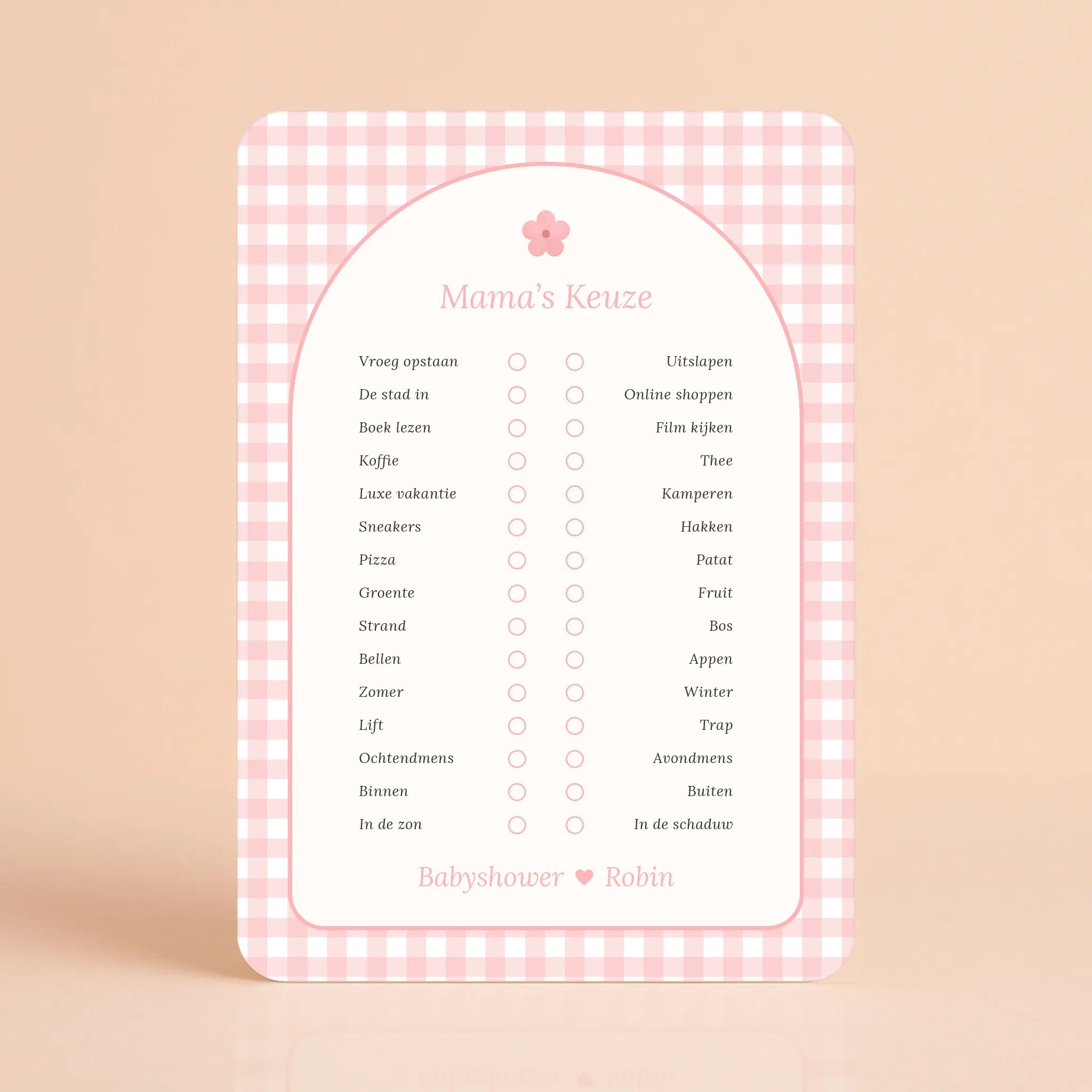 Babyshower spelletjes mamas keuze gingham roze gepersonaliseerd Studio Miron