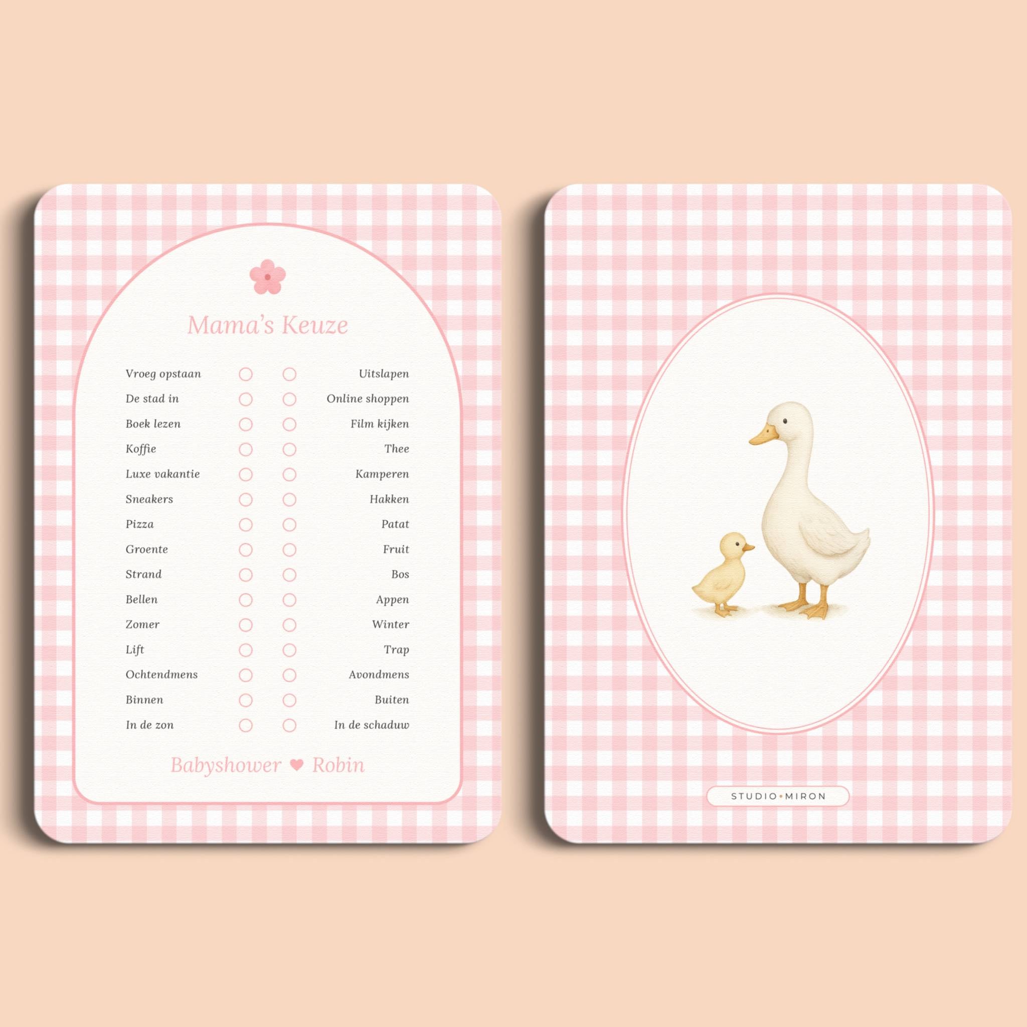 Babyshower spelletjes mamas keuze gingham roze voor en achter Studio Miron