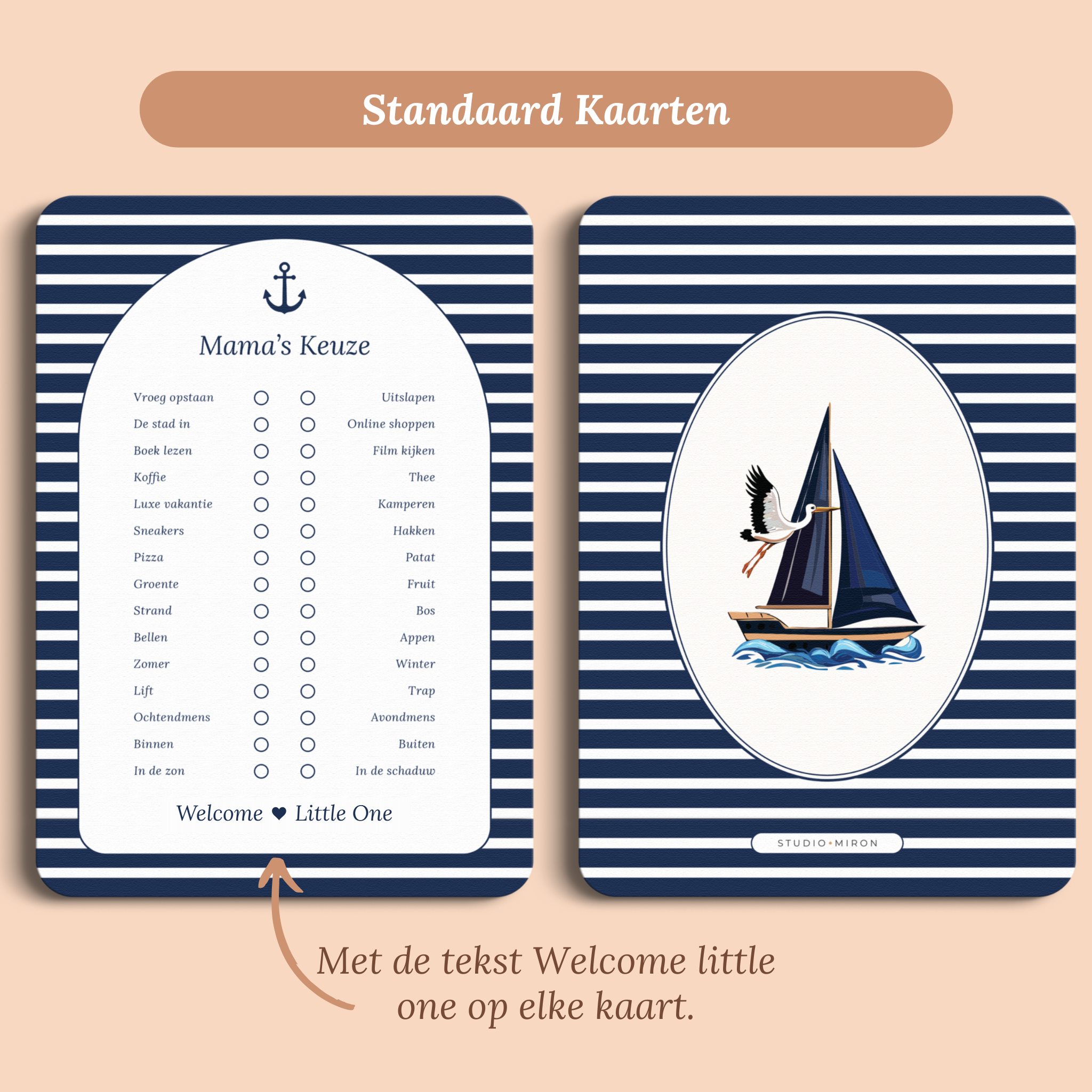 Babyshower spelkaart Mama’s Keuze in Navy Blue stijl, standaardversie met Welcome Little One – Studio Miron