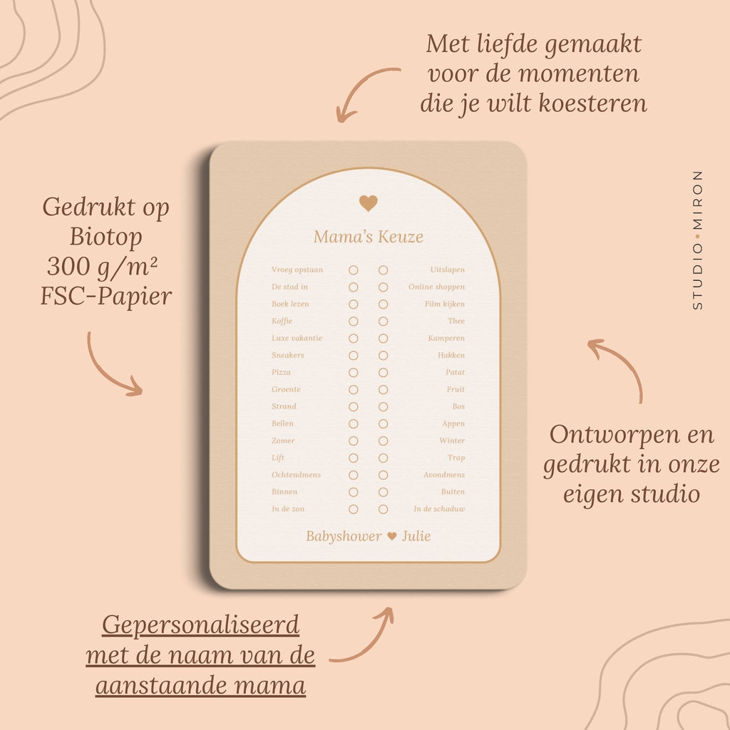 Babyshower spel Mama’s Keuze in Boho Zand Beer stijl, pluspunten – Studio Miron