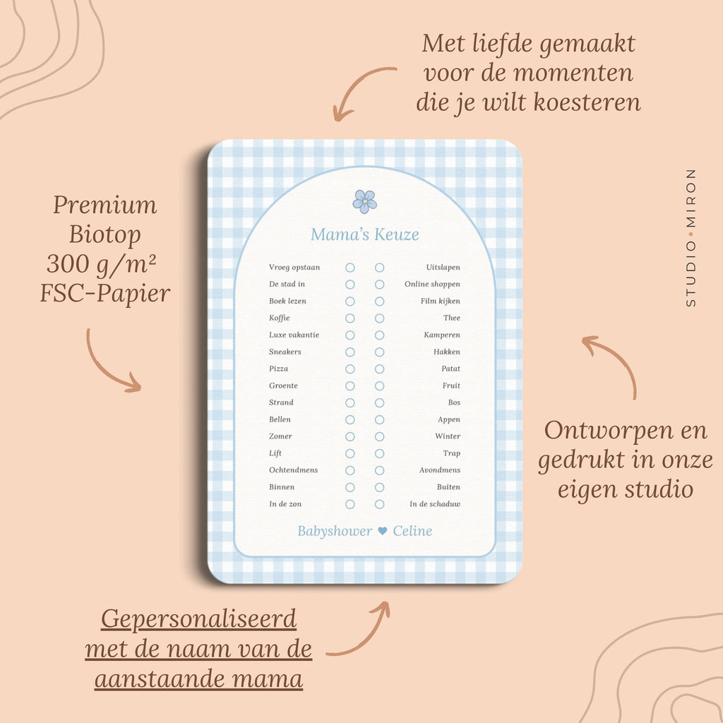Babyshower spelletjes mamas keuze pluspunten gingham blauw Studio Miron