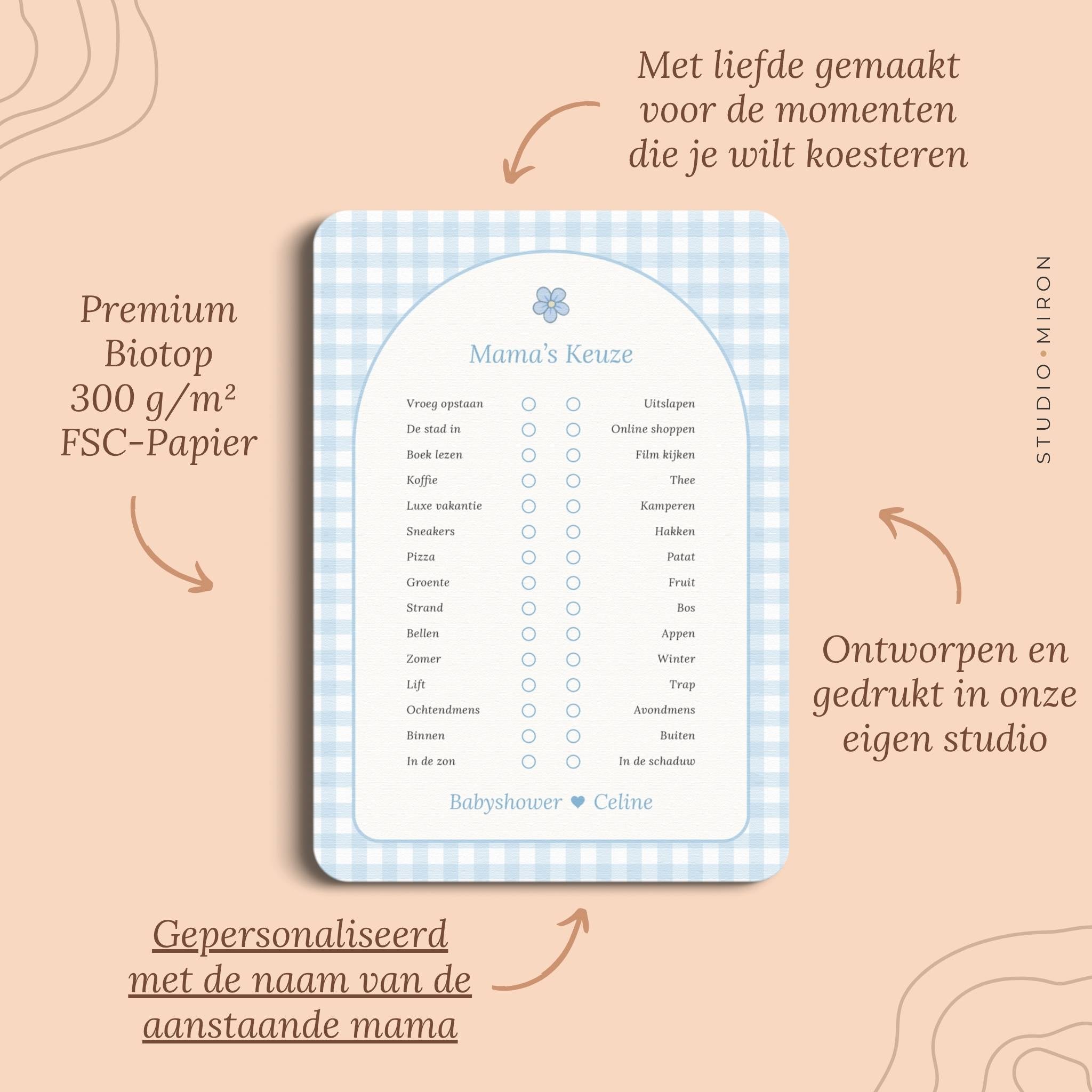 Babyshower spelletjes mamas keuze pluspunten gingham blauw Studio Miron
