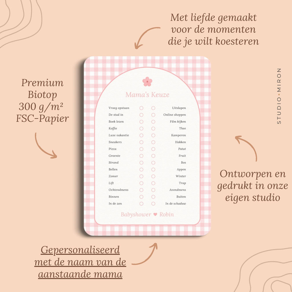 Babyshower spelletjes mamas keuze pluspunten gingham roze Studio Miron
