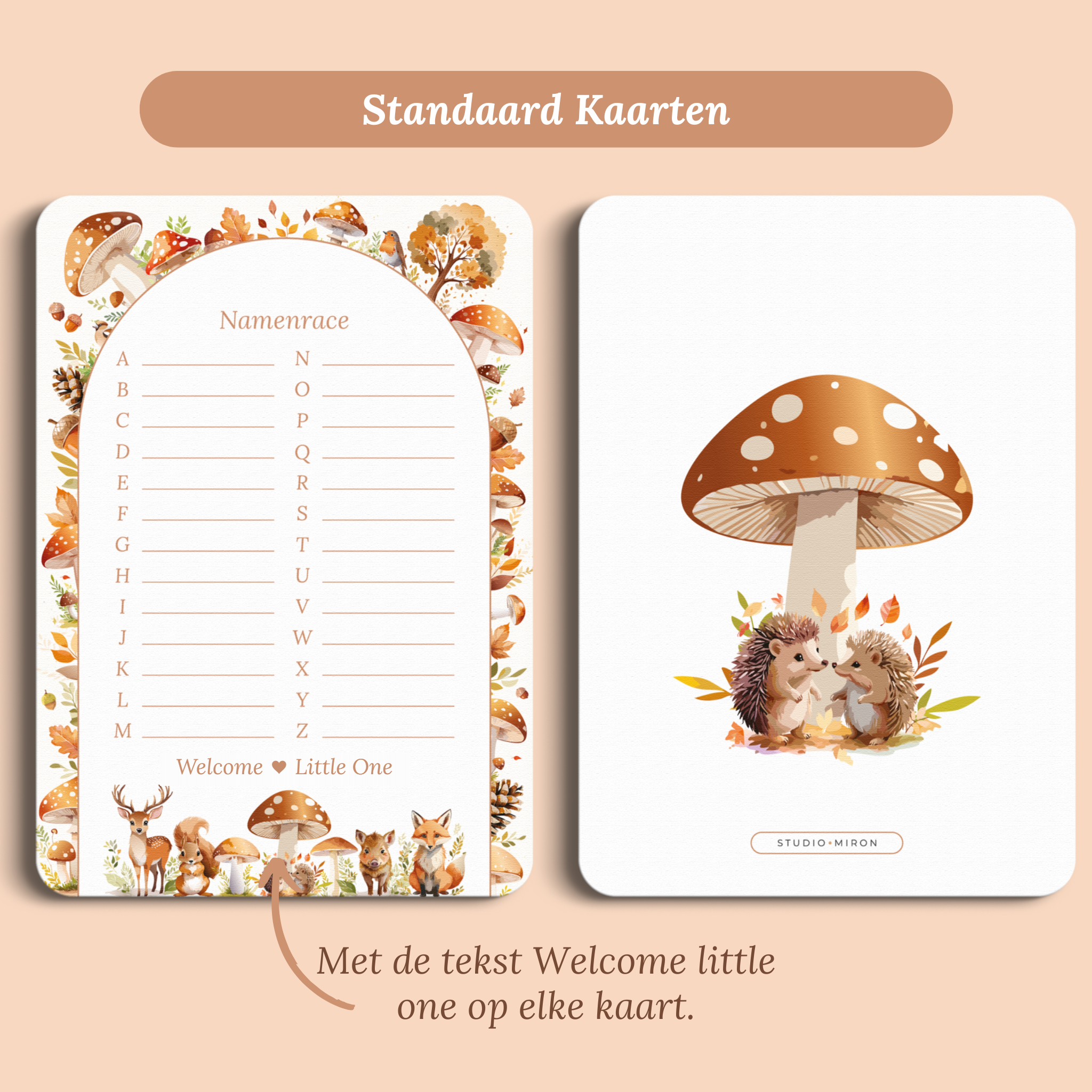 Babyshower spelkaart Namenrace in Bosdieren stijl, standaardversie met Welcome Little One – Studio Miron