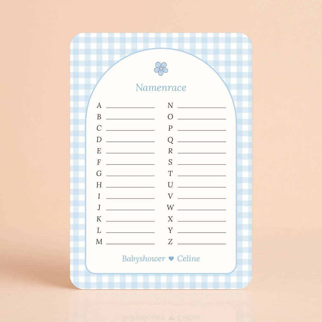 Babyshower spelletjes namenrace gingham blauw gepersonaliseerd Studio Miron