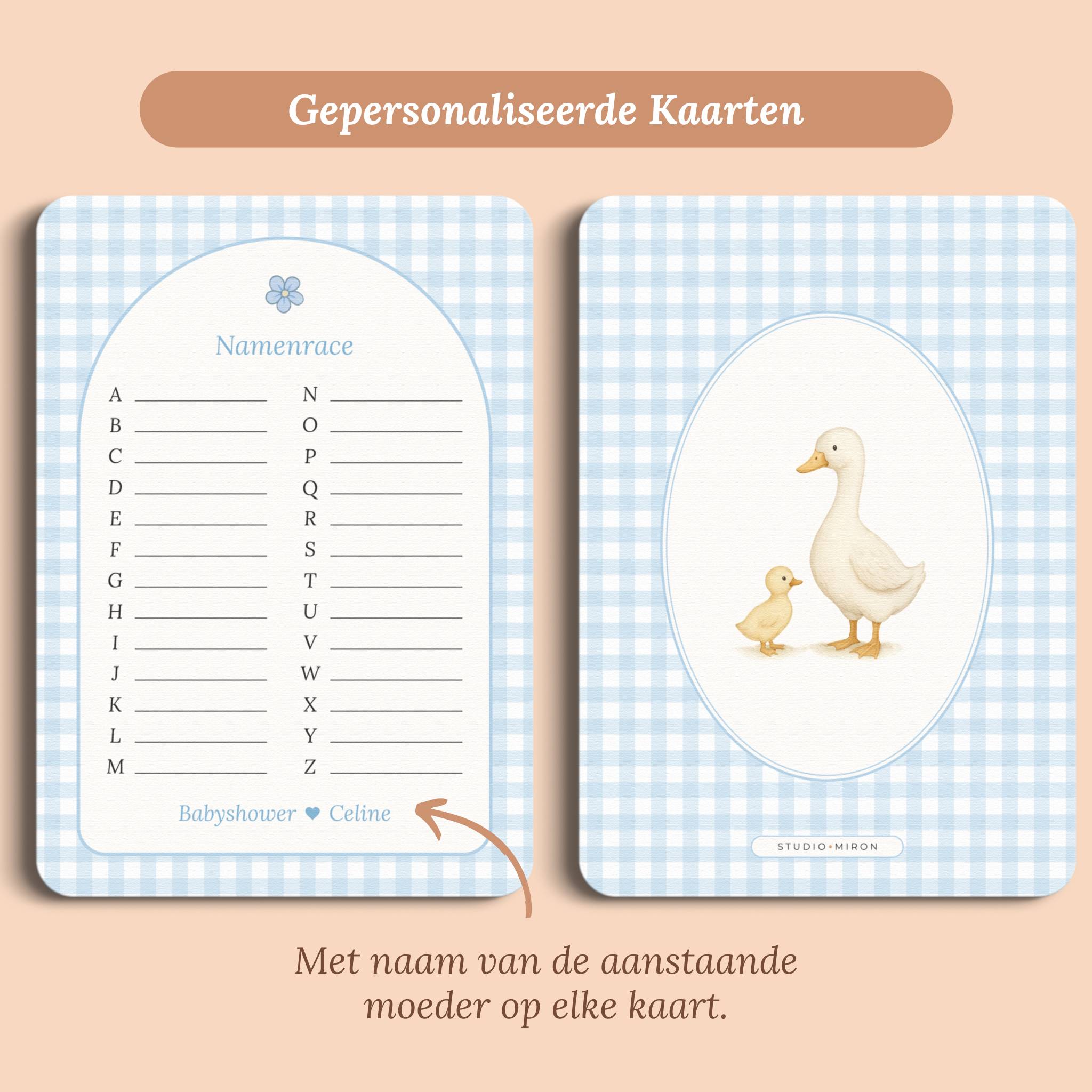 Babyshower spelletjes namenrace gingham blauw gepersonaliseerd voor en achter Studio Miron