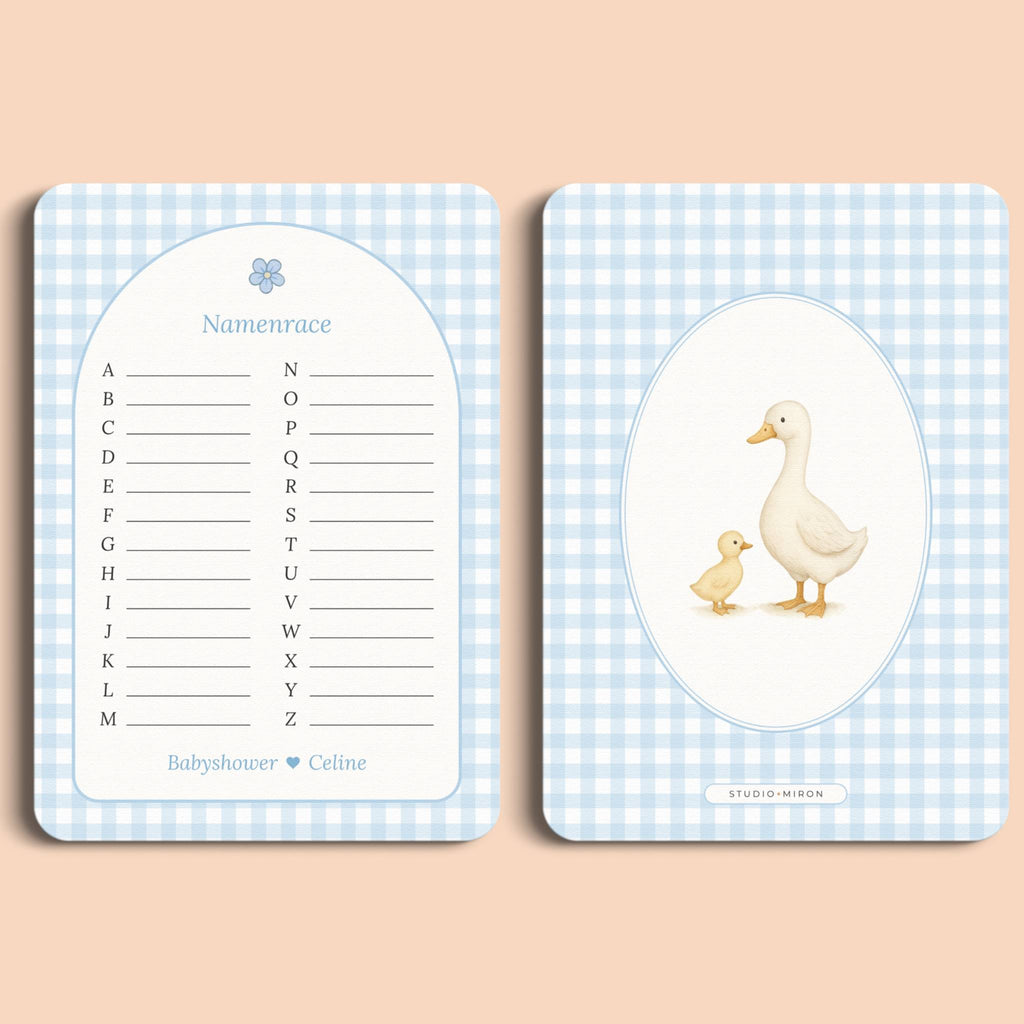 Babyshower spelletjes namenrace gingham blauw voor en achter Studio Miron
