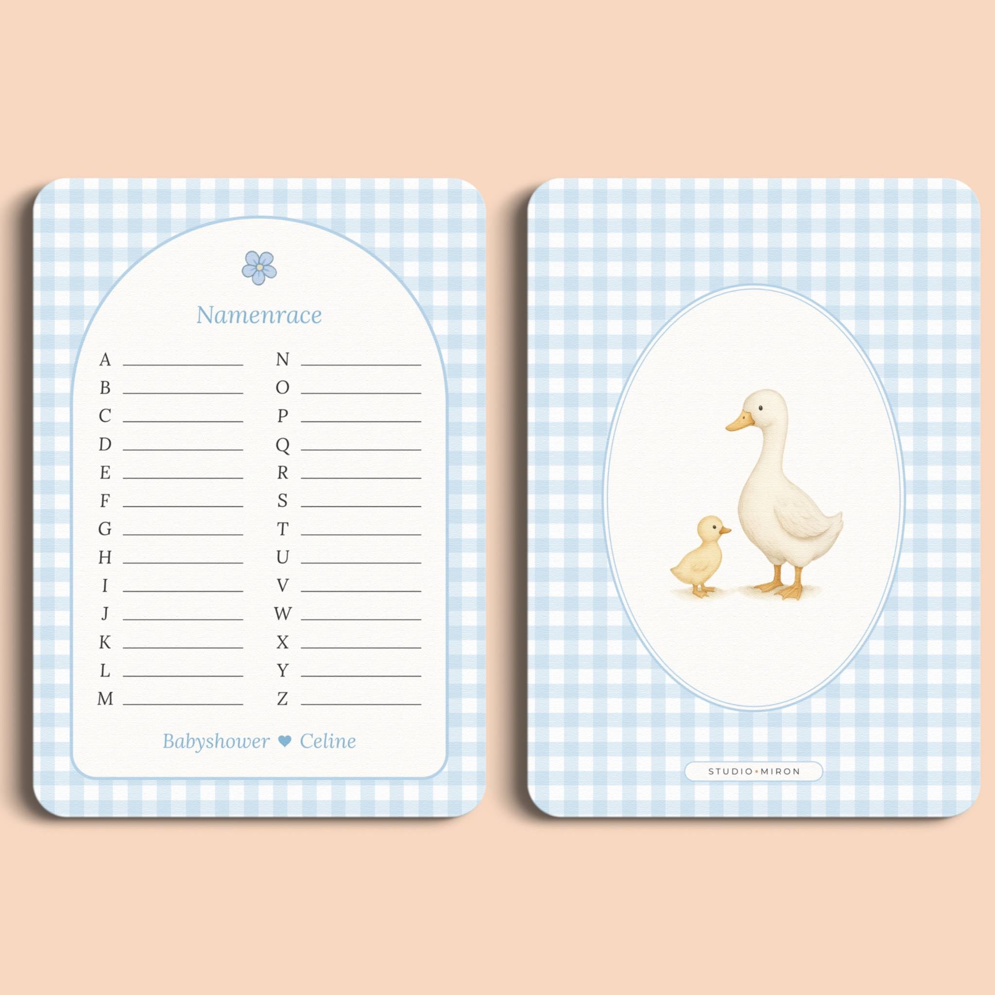 Babyshower spelletjes namenrace gingham blauw voor en achter Studio Miron