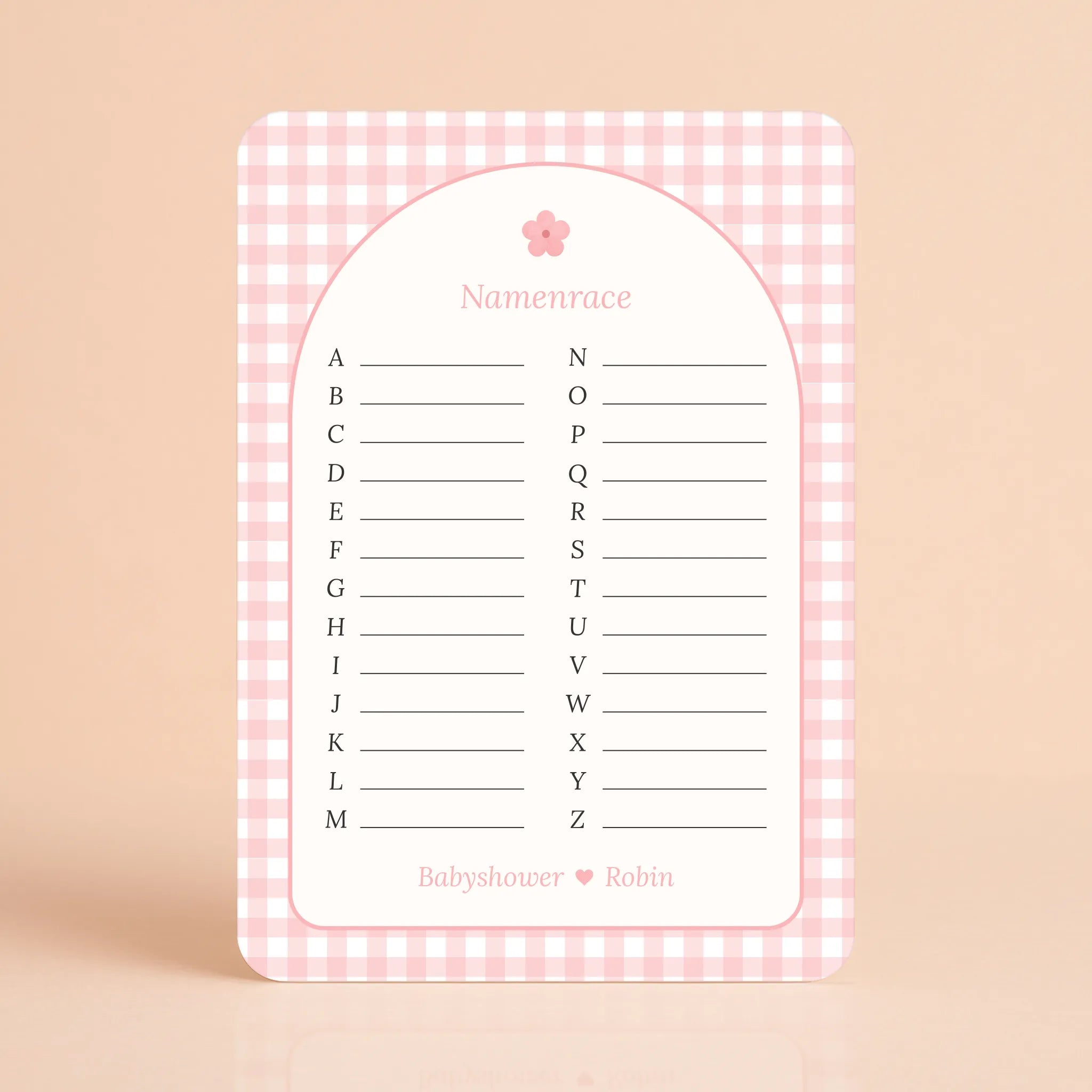 Babyshower spelletjes namenrace gingham roze gepersonaliseerd Studio Miron