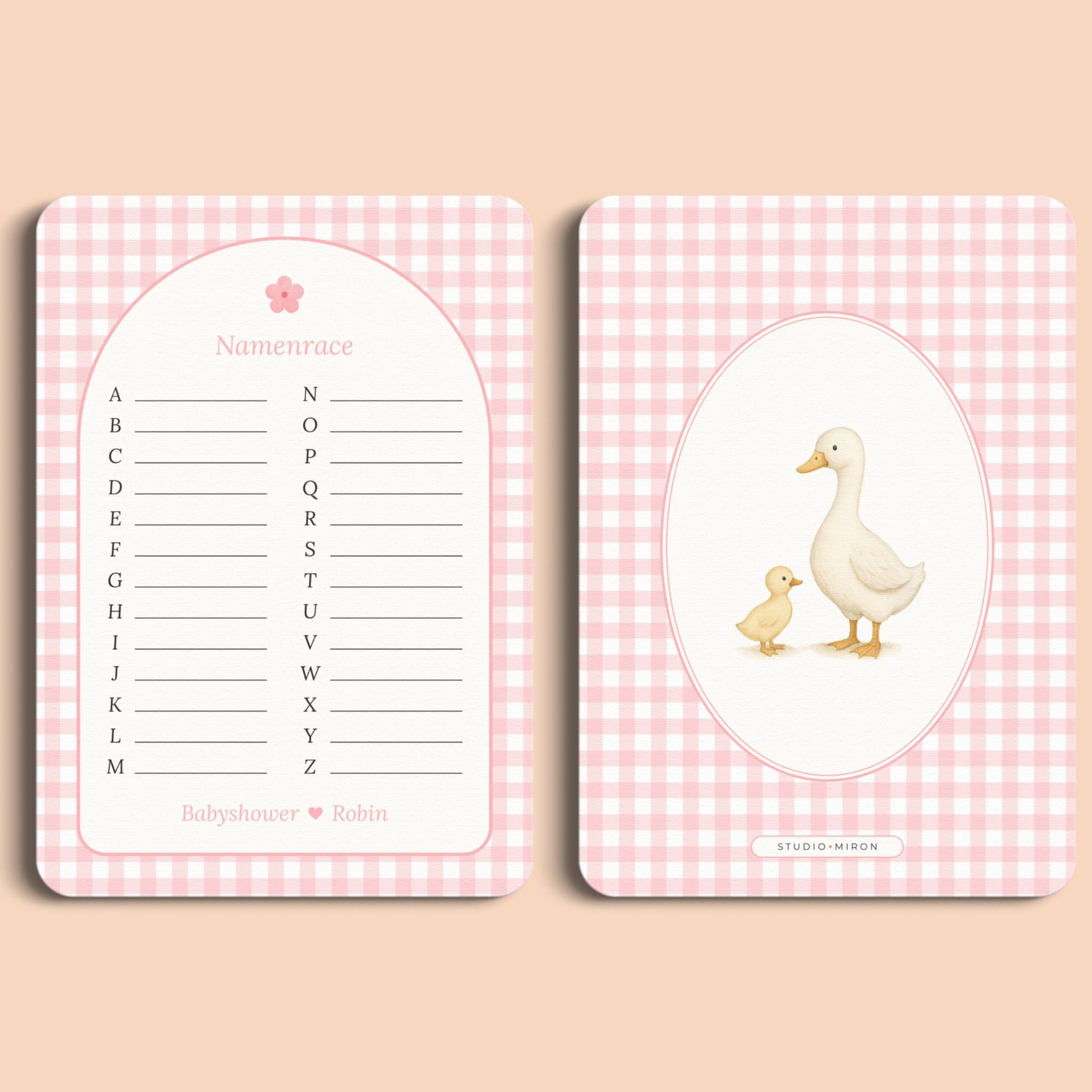 Babyshower spelletjes namenrace gingham roze voor en achter Studio Miron
