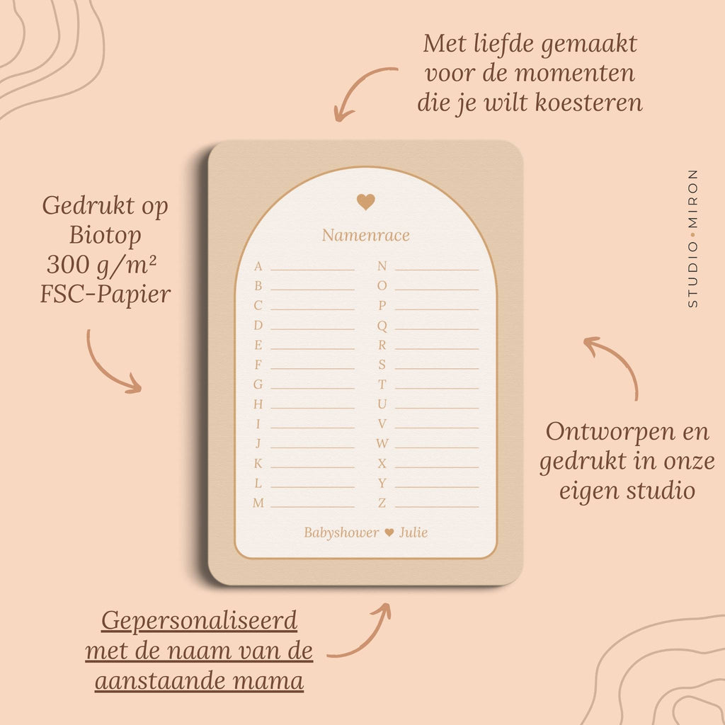 Babyshower spel Namenrace in Boho Zand Beer stijl, pluspunten – Studio Miron