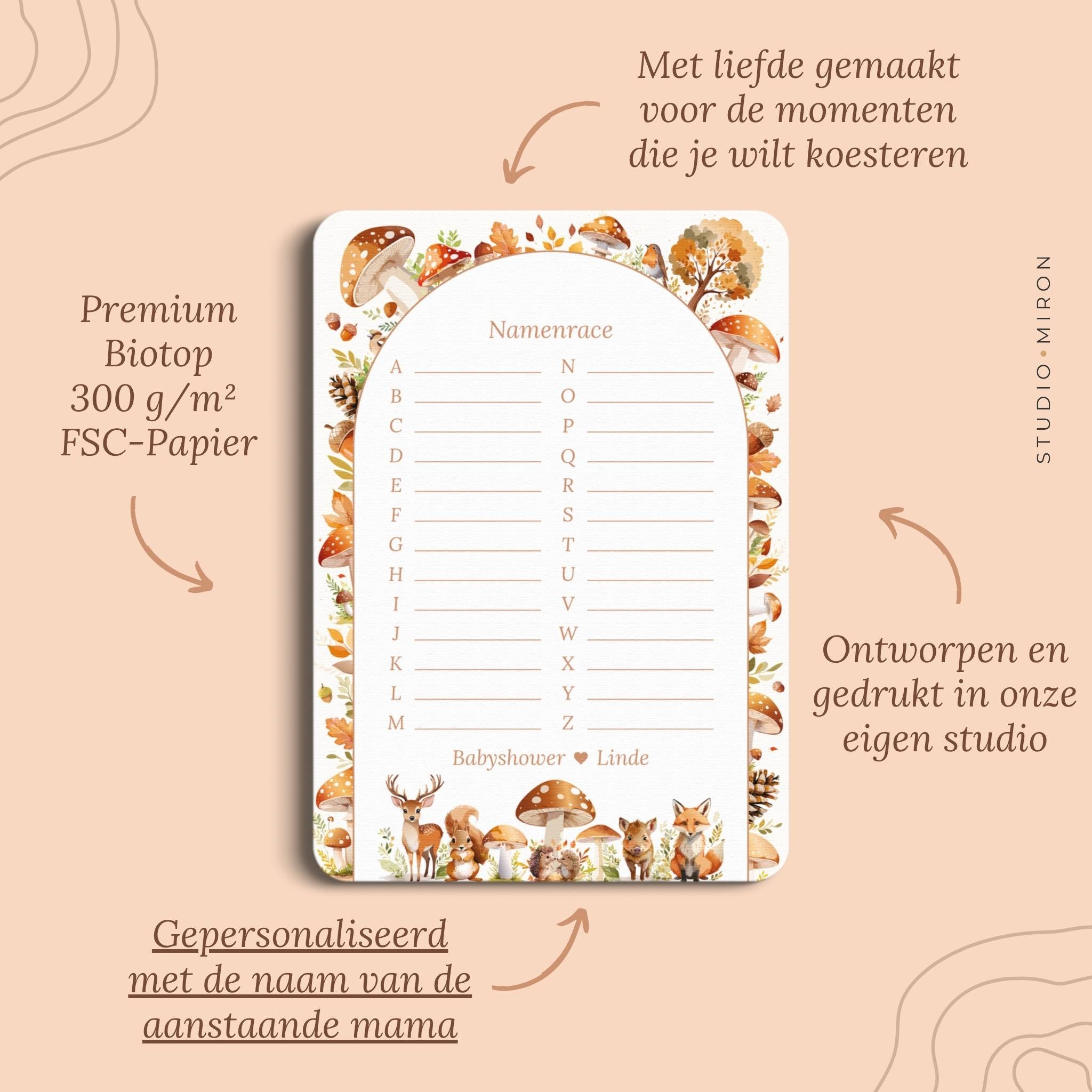 Babyshower spelletjes namenrace pluspunten bosdieren Studio Miron