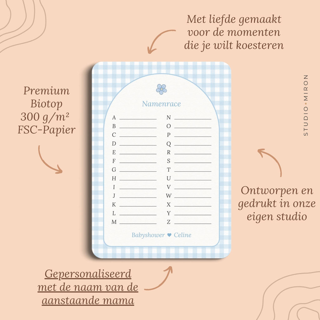 Babyshower spelletjes namenrace pluspunten gingham blauw Studio Miron