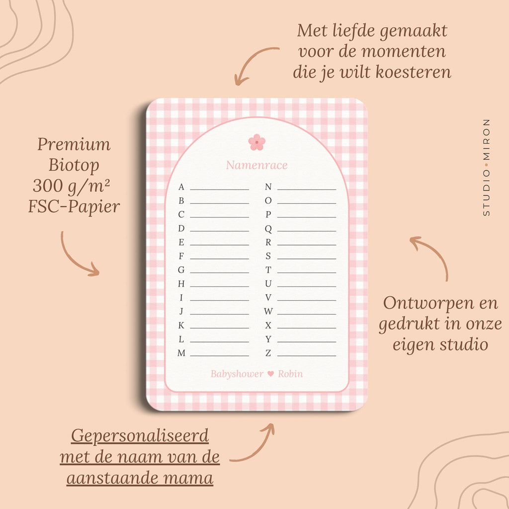 Babyshower spelletjes namenrace pluspunten gingham roze Studio Miron