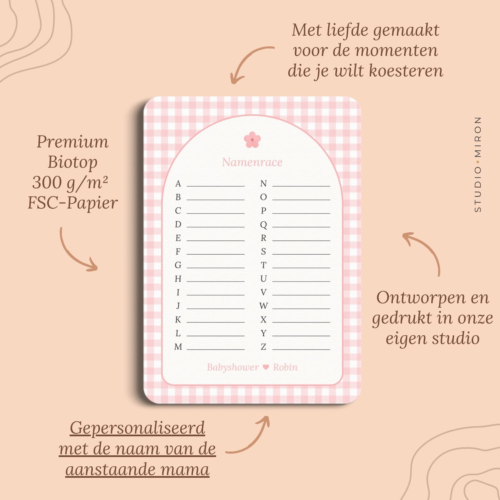 Babyshower spelletjes namenrace pluspunten gingham roze Studio Miron