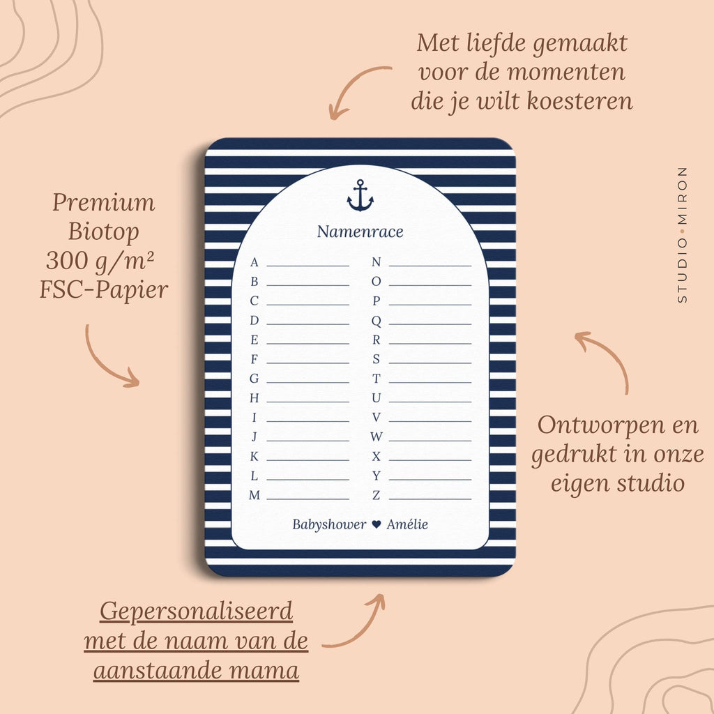 Babyshower spelletjes namenrace pluspunten navy blue Studio Miron