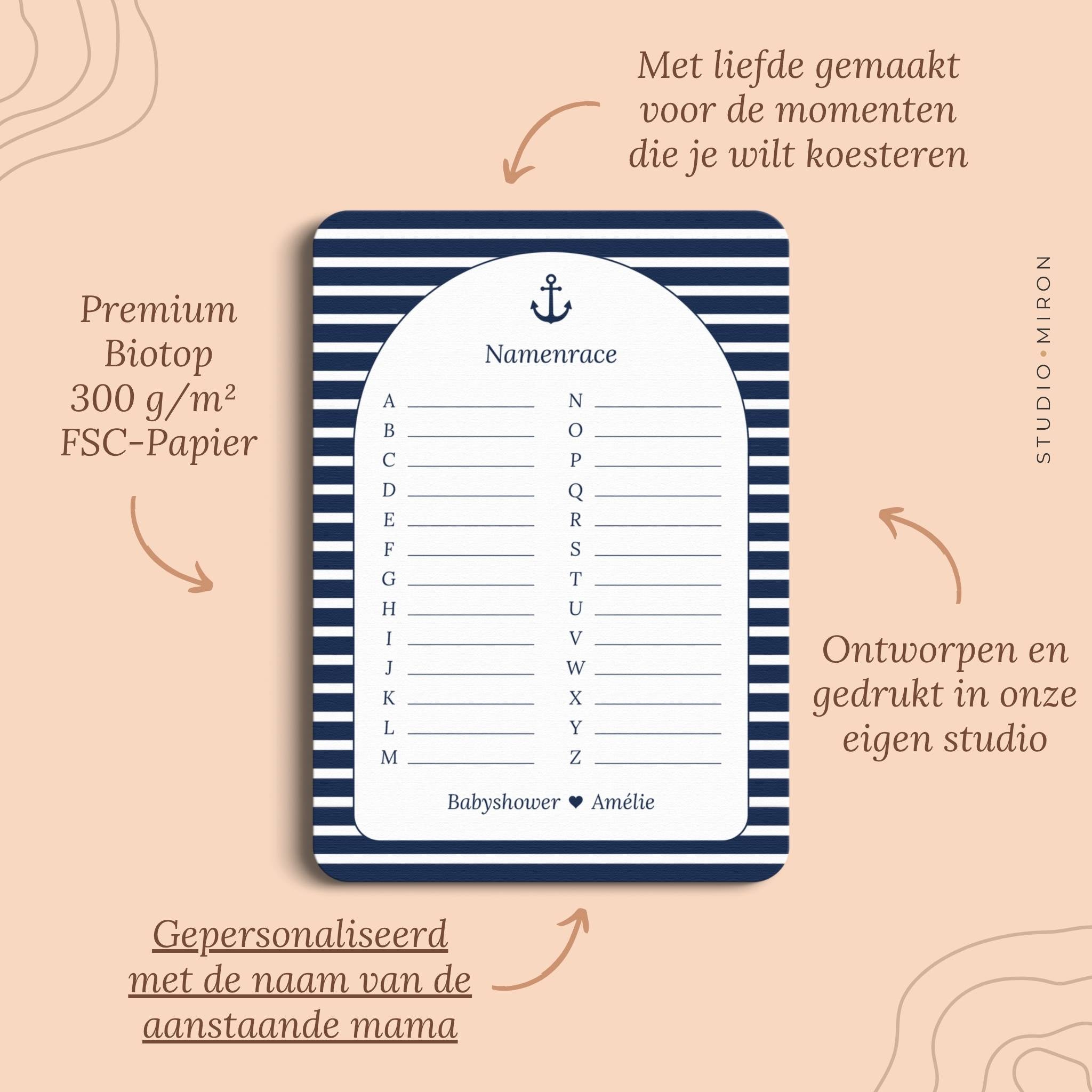 Babyshower spelletjes namenrace pluspunten navy blue Studio Miron
