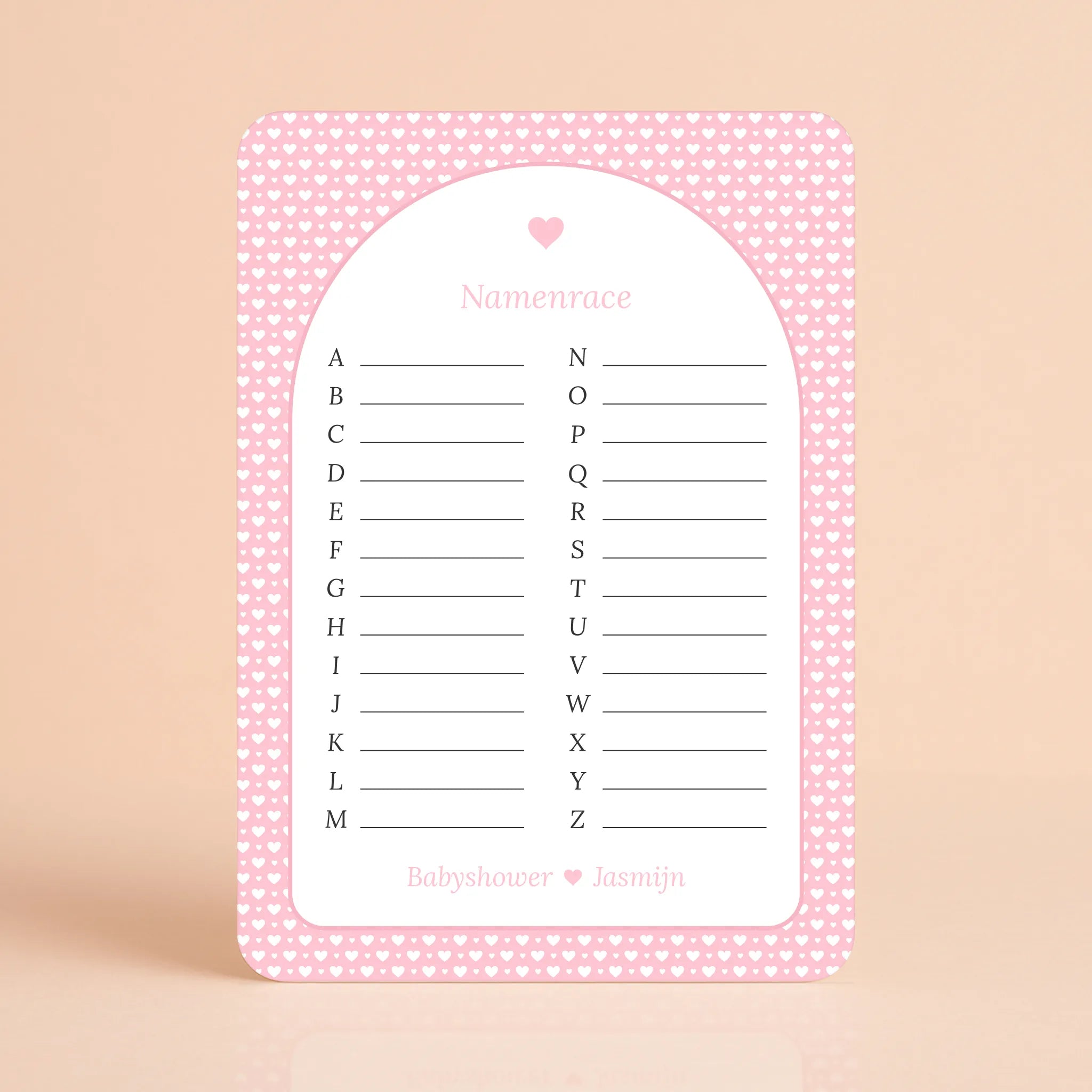 Namenrace kaart met witte hartjes op roze achtergrond, gepersonaliseerd met naam – Studio Miron
