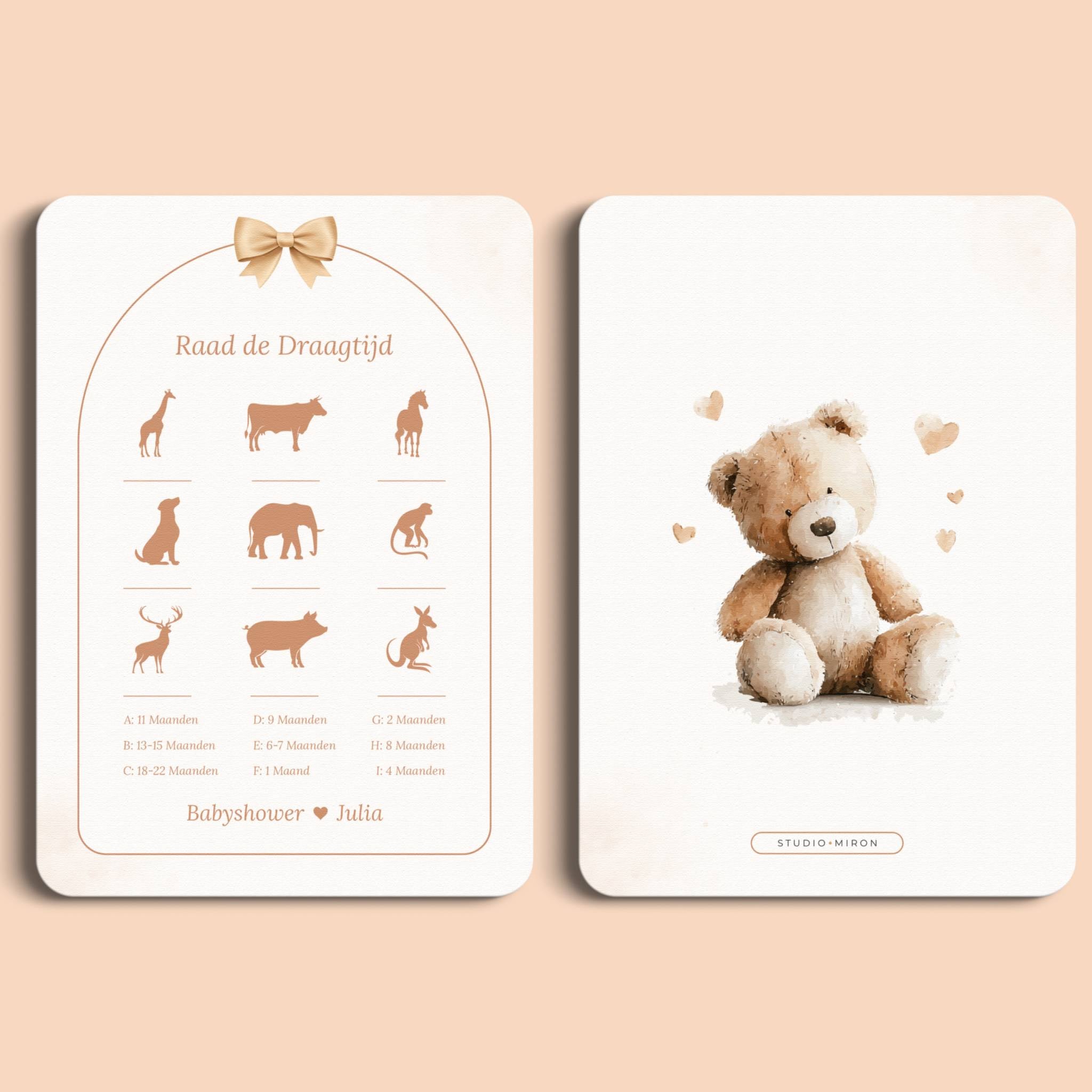 Babyshower spelletjes raad de draagtijd boho beige beertje voor en achter Studio Miron