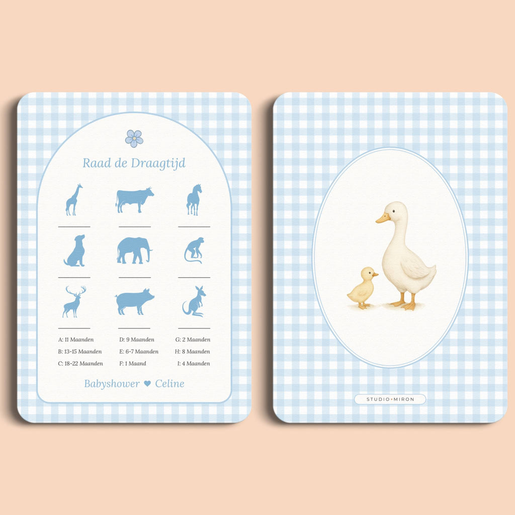 Babyshower spelletjes raad de draagtijd gingham blauw voor en achter Studio Miron