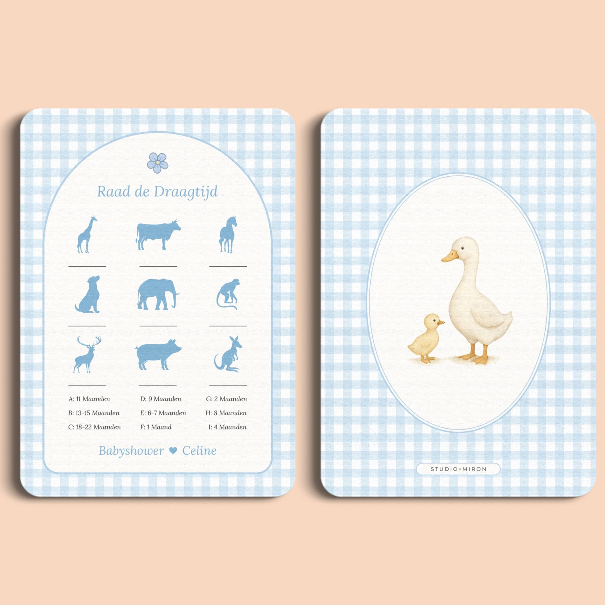 Babyshower spelletjes raad de draagtijd gingham blauw voor en achter Studio Miron