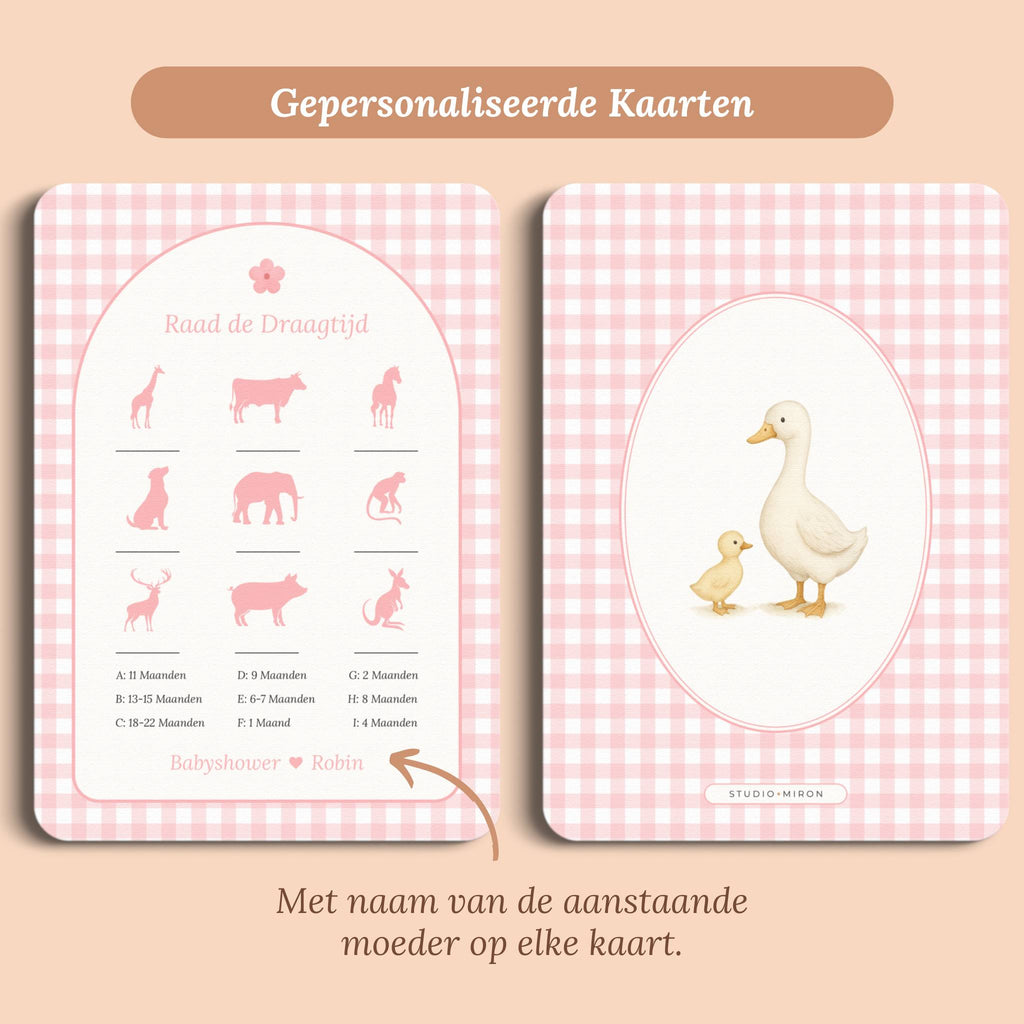 Babyshower spelletjes raad de draagtijd gingham roze gepersonaliseerd voor en achter Studio Miron