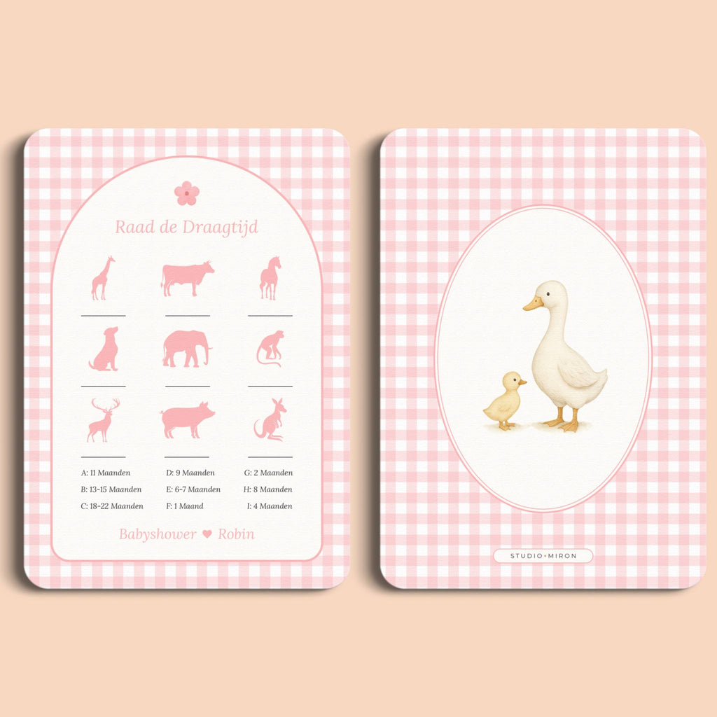 Babyshower spelletjes raad de draagtijd gingham roze voor en achter Studio Miron
