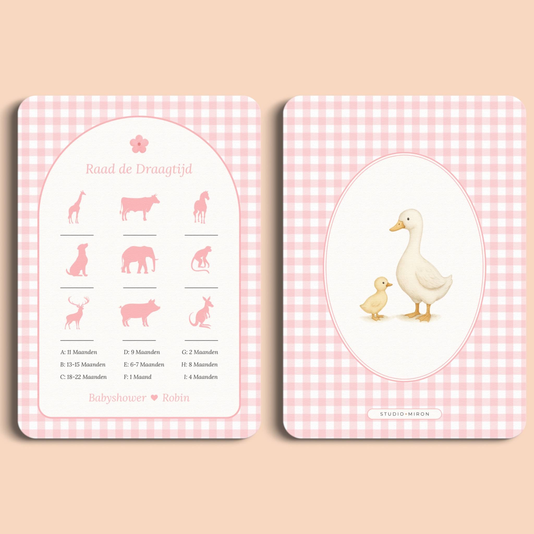 Babyshower spelletjes raad de draagtijd gingham roze voor en achter Studio Miron