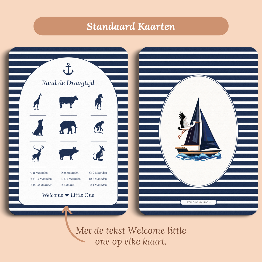 Babyshower spelkaart Raad de Draagtijd in Navy Blue stijl, standaardversie met Welcome Little One – Studio Miron