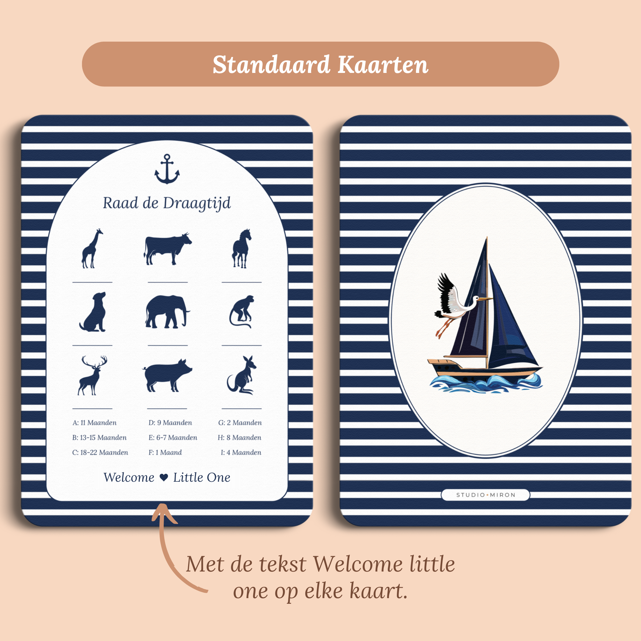 Babyshower spelkaart Raad de Draagtijd in Navy Blue stijl, standaardversie met Welcome Little One – Studio Miron