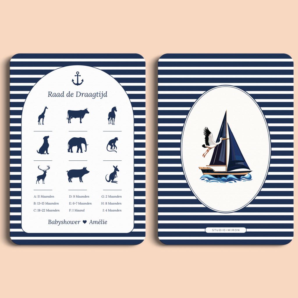 Babyshower spelkaart Raad de Draagtijd in Navy Blue stijl, voor- en achterkant – Studio Miron