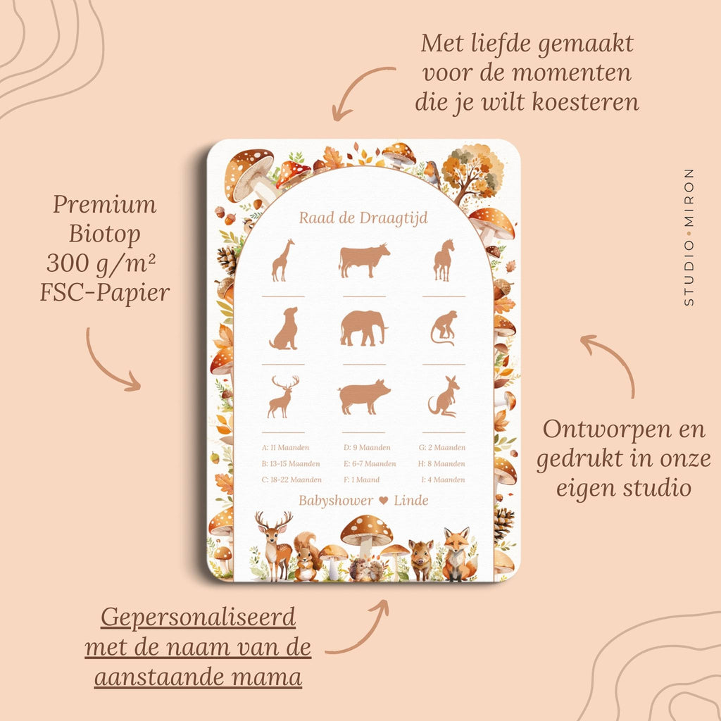 Babyshower spelletjes raad de draagtijd pluspunten bosdieren Studio Miron
