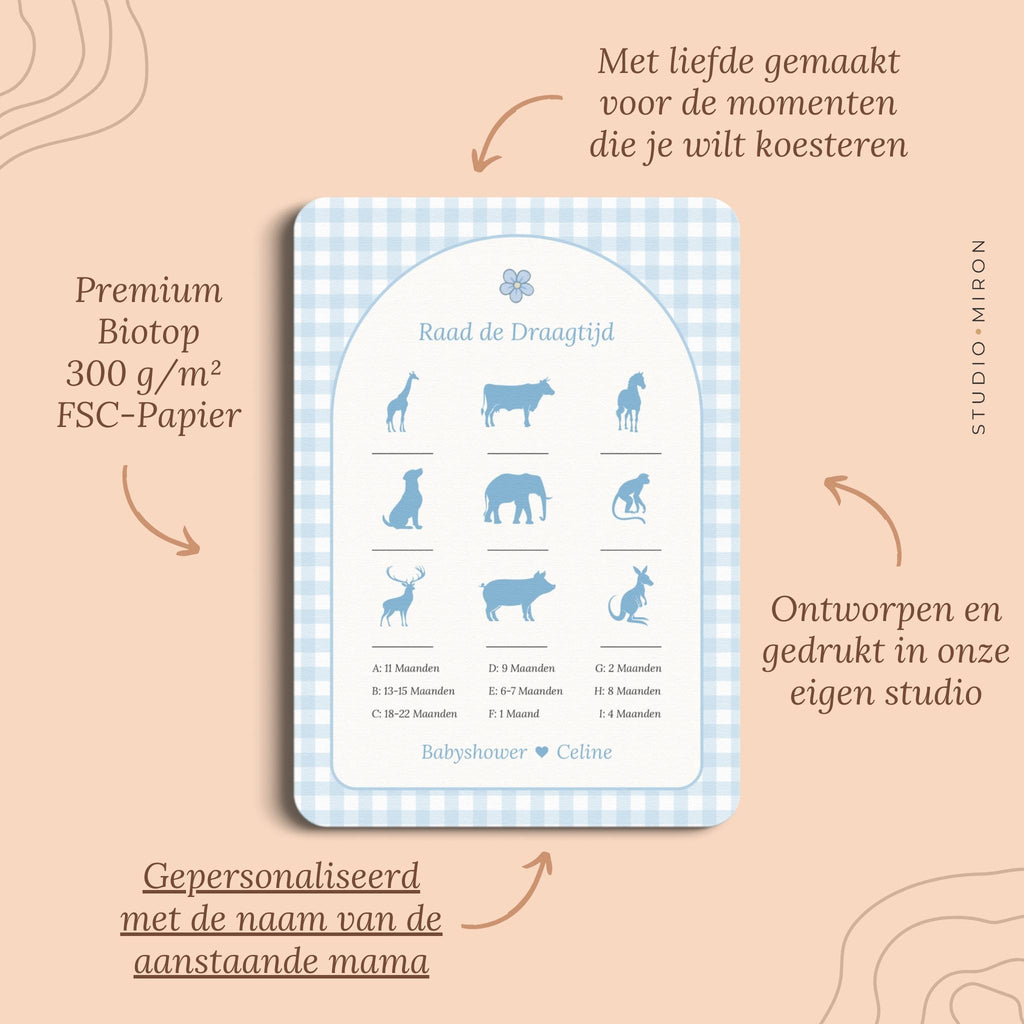 Babyshower spelletjes raad de draagtijd pluspunten gingham blauw Studio Miron