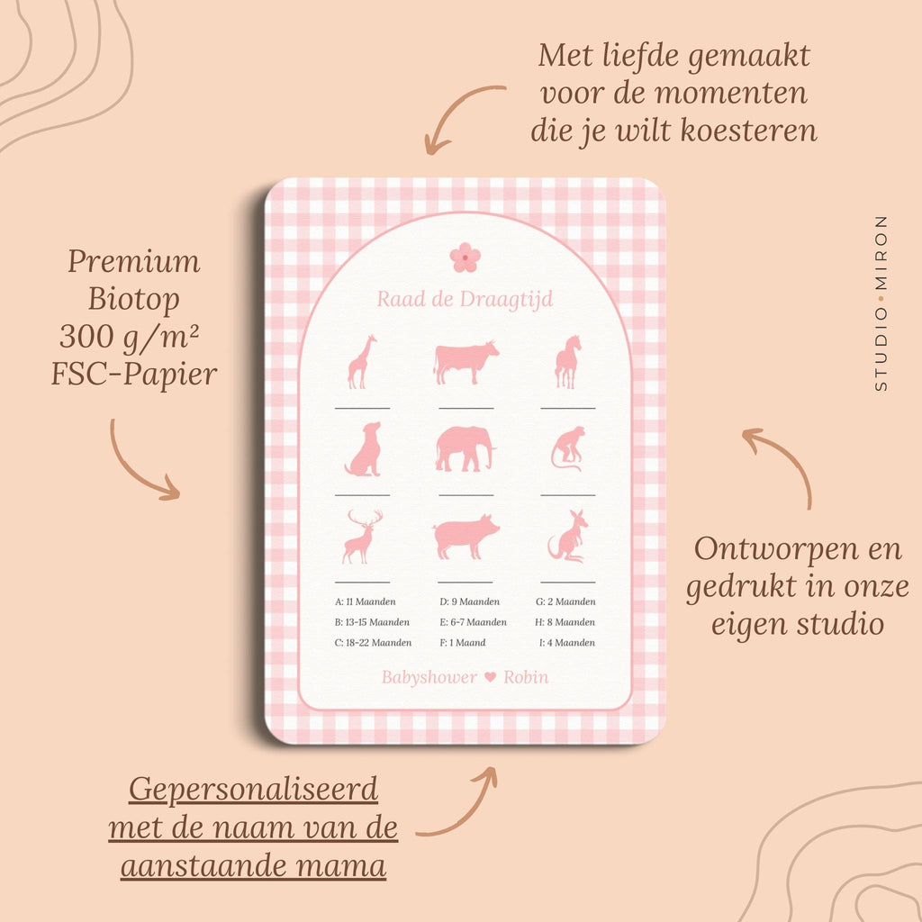 Babyshower spelletjes raad de draagtijd pluspunten gingham roze Studio Miron
