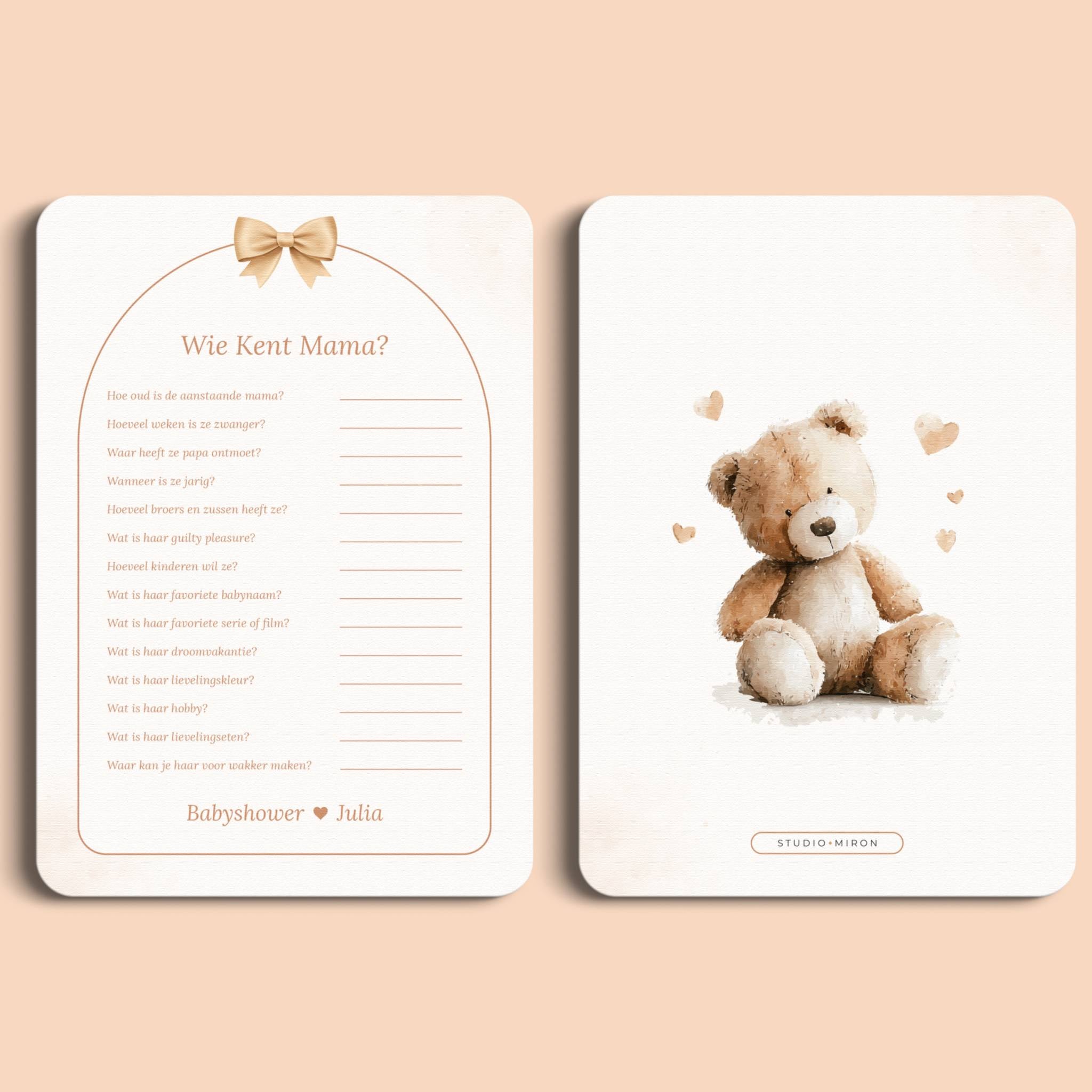 Babyshower spelletjes wie kent mama boho beige beertje voor en achter Studio Miron