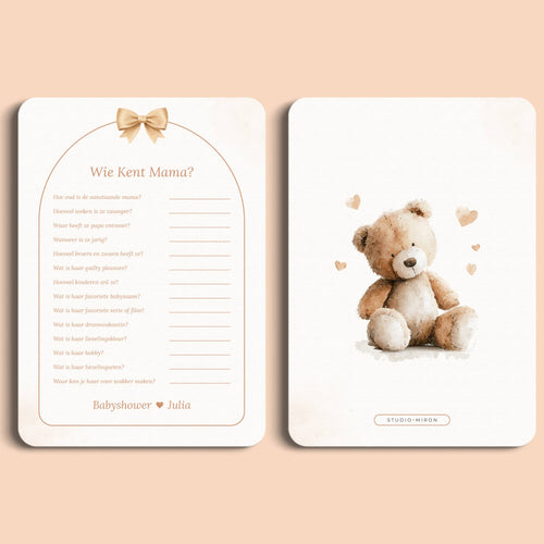 Babyshower spelletjes wie kent mama boho beige beertje voor en achter Studio Miron