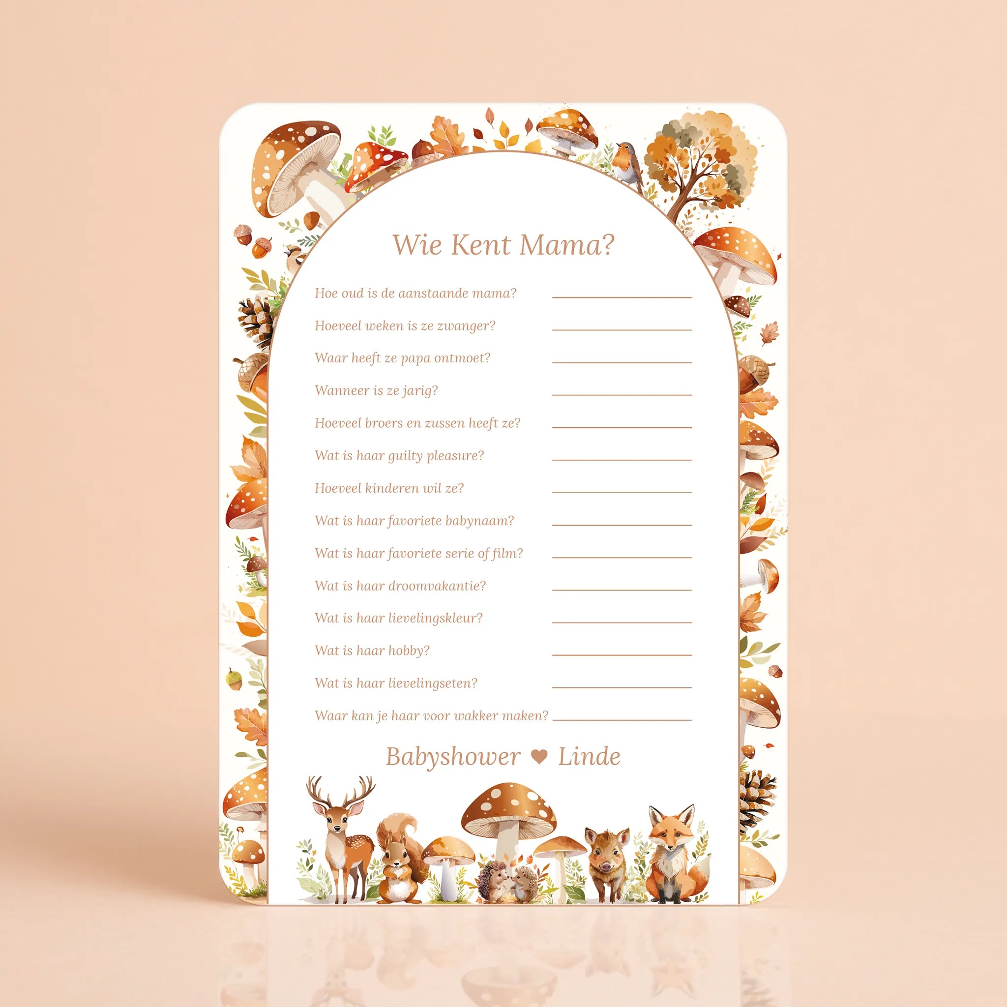 Babyshower spelkaart Wie kent Mama in Bosdieren stijl, gepersonaliseerd met naam – Studio Miron