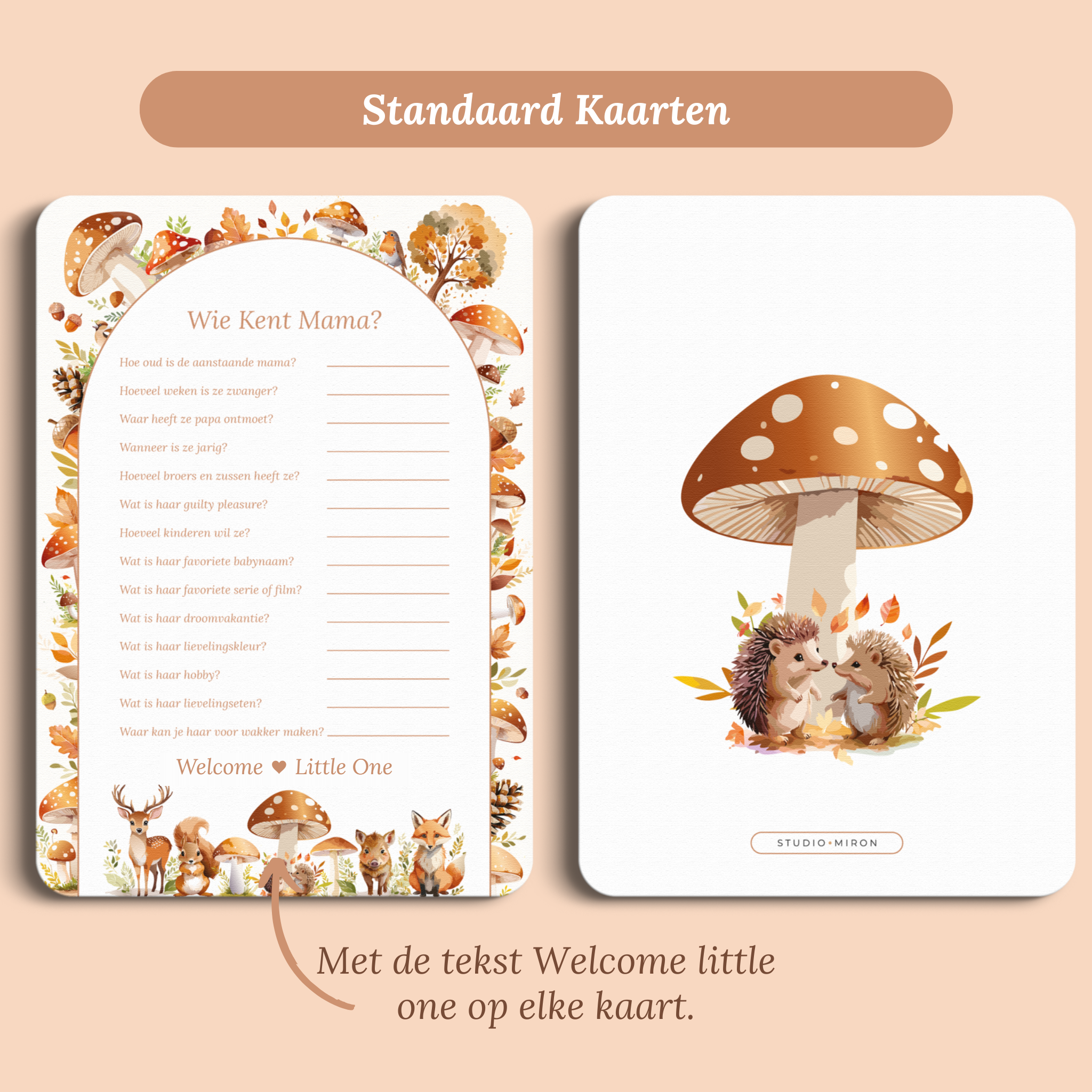 Babyshower spelkaart Wie kent Mama in Bosdieren stijl, standaardversie met Welcome Little One – Studio Miron