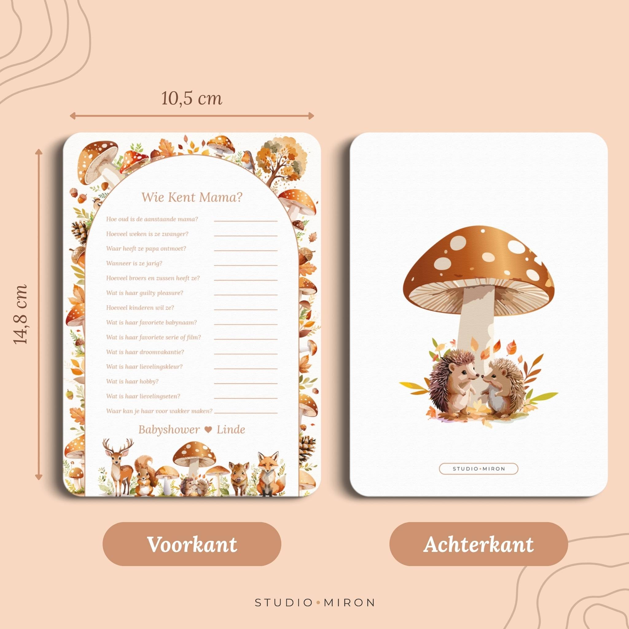 Babyshower spelletjes wie kent mama formaat voorkant en achterkant bosdieren Studio Miron