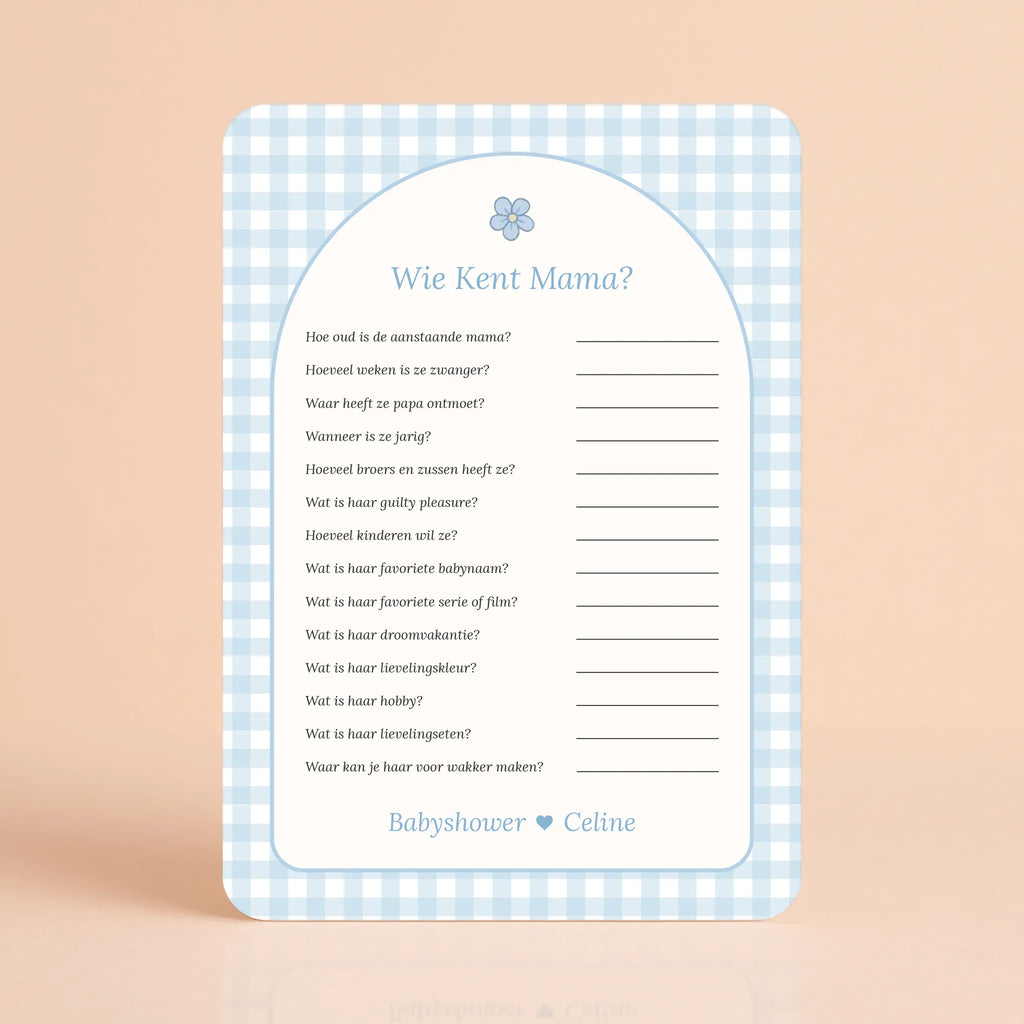 Babyshower spelletjes wie kent mama gingham blauw gepersonaliseerd Studio Miron