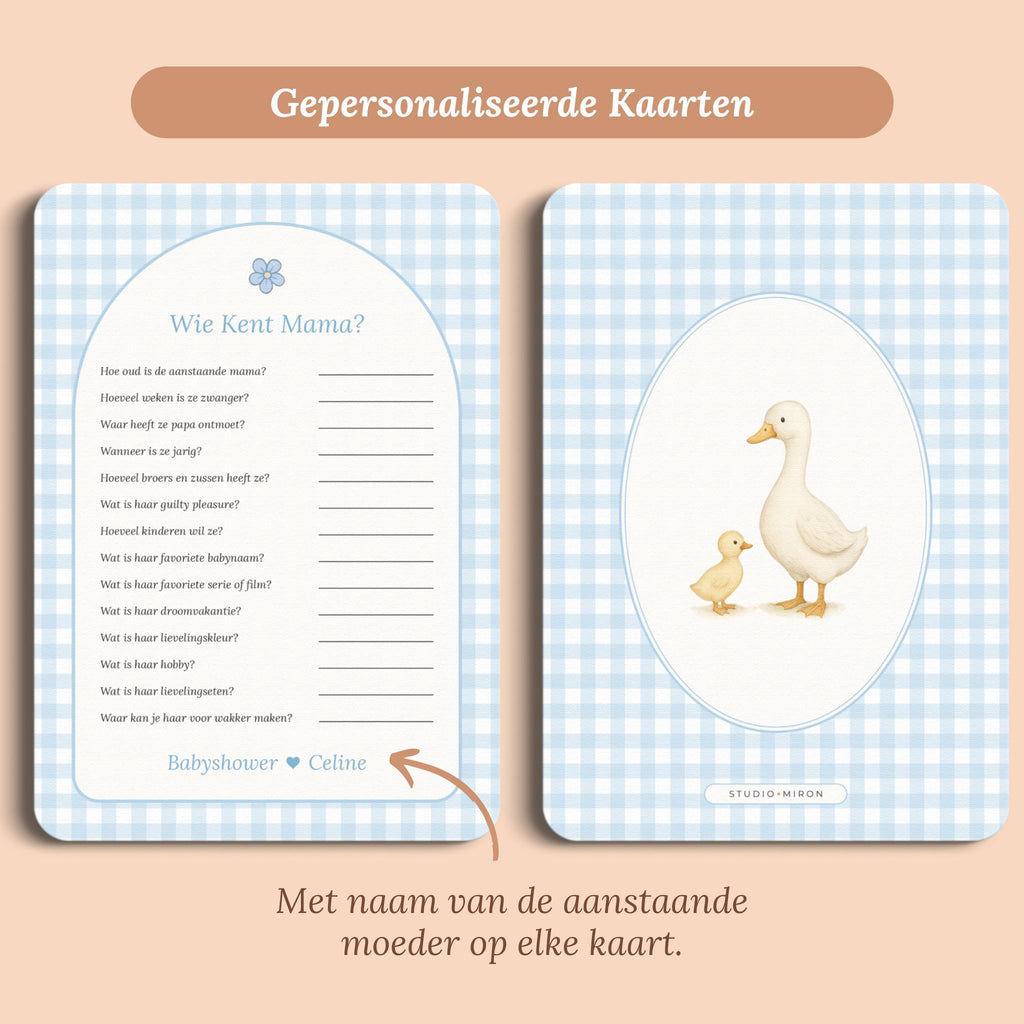 Babyshower spelletjes wie kent mama gingham blauw gepersonaliseerd voor en achter Studio Miron